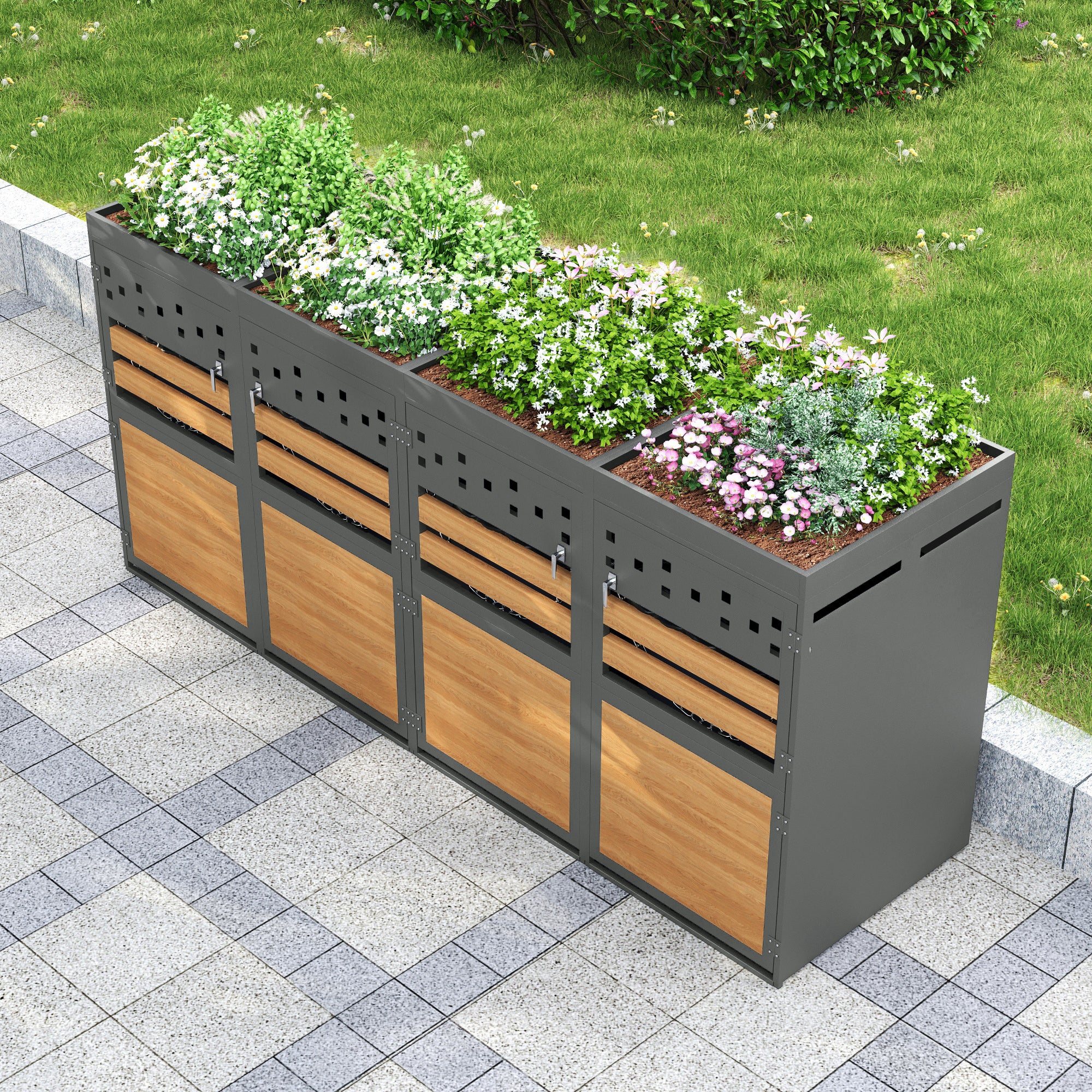 Garbage Can Storage Box, 4-Person with Planting Roof, 120-240L, Anthracite Wood-Look