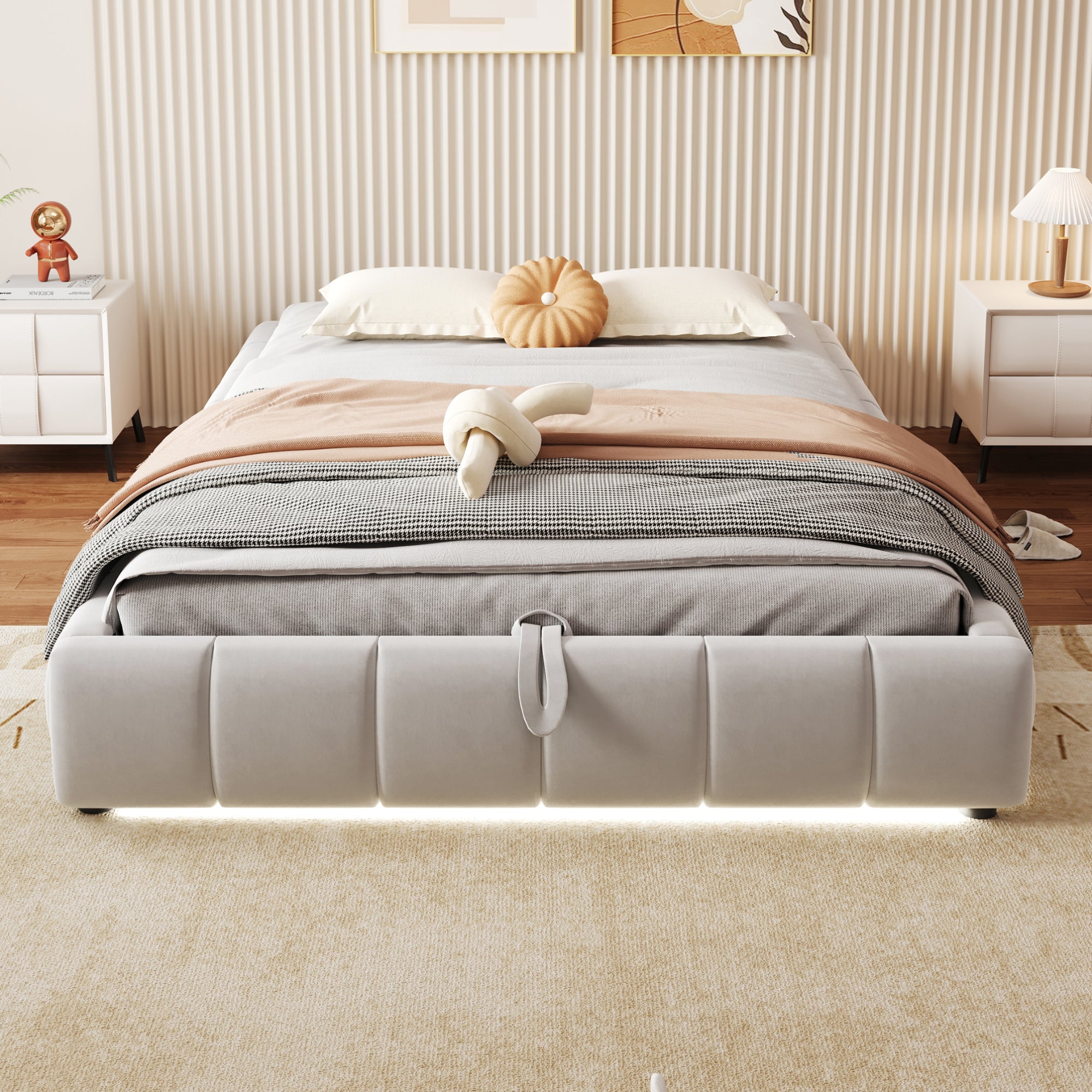 Upholstered Bed, 140x200cm, LED Light, Hydraulic Floating, Beige