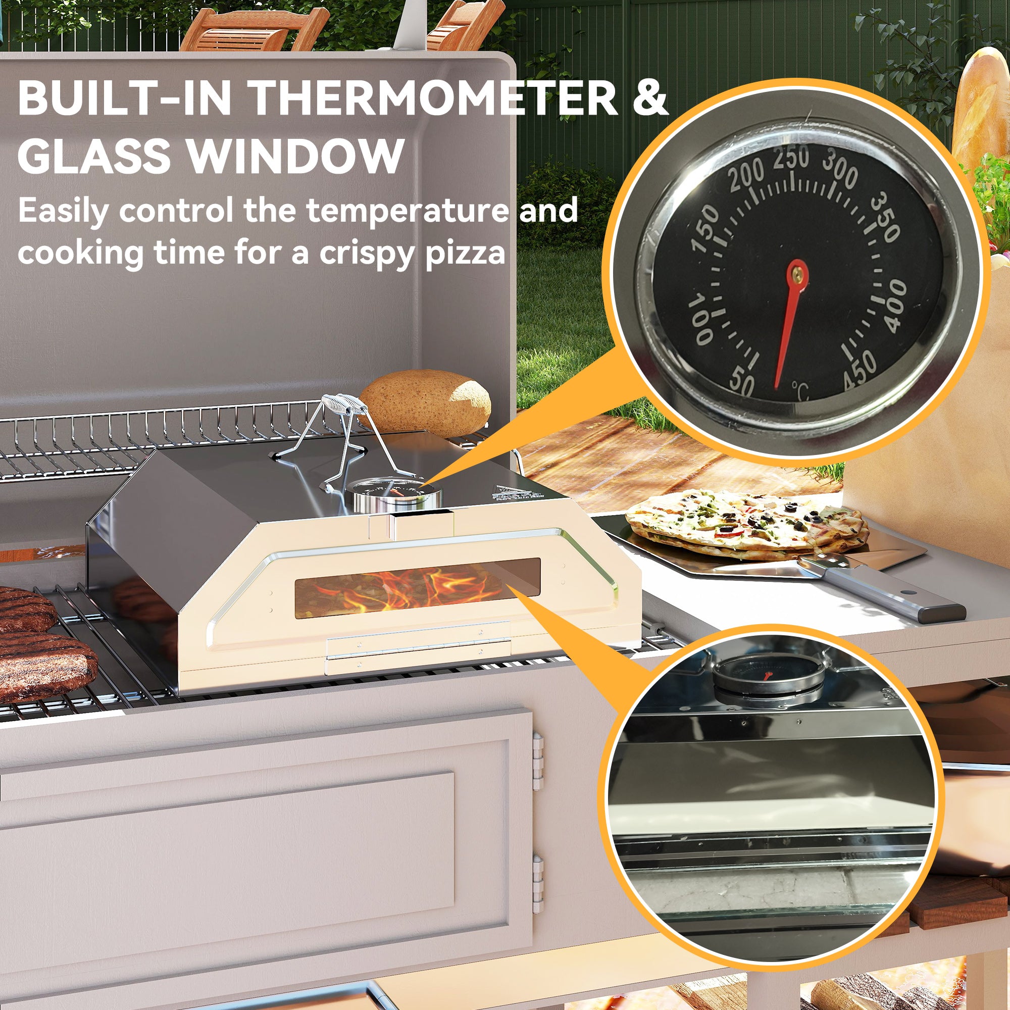 Portable Pizza Oven, 8 in BBQ Grill Top with Thermometer and Stone/Peel, Stainless Steel/Silver Tone