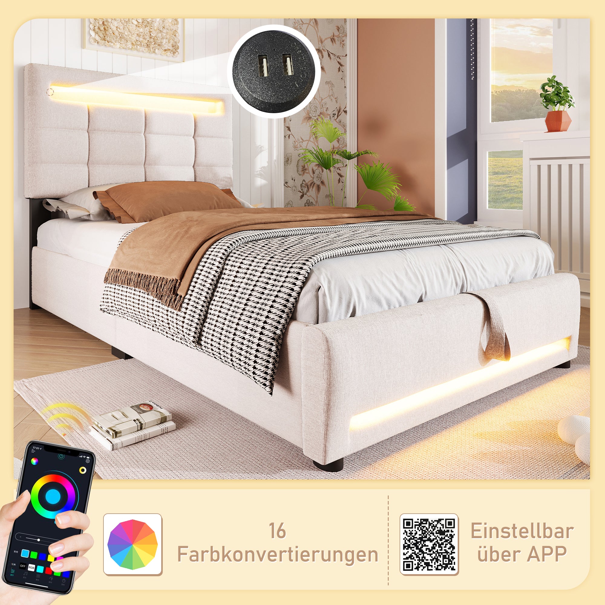 Upholstered Bed 90x200cm Hydraulic Storage LED USB App Control - Beige Linen