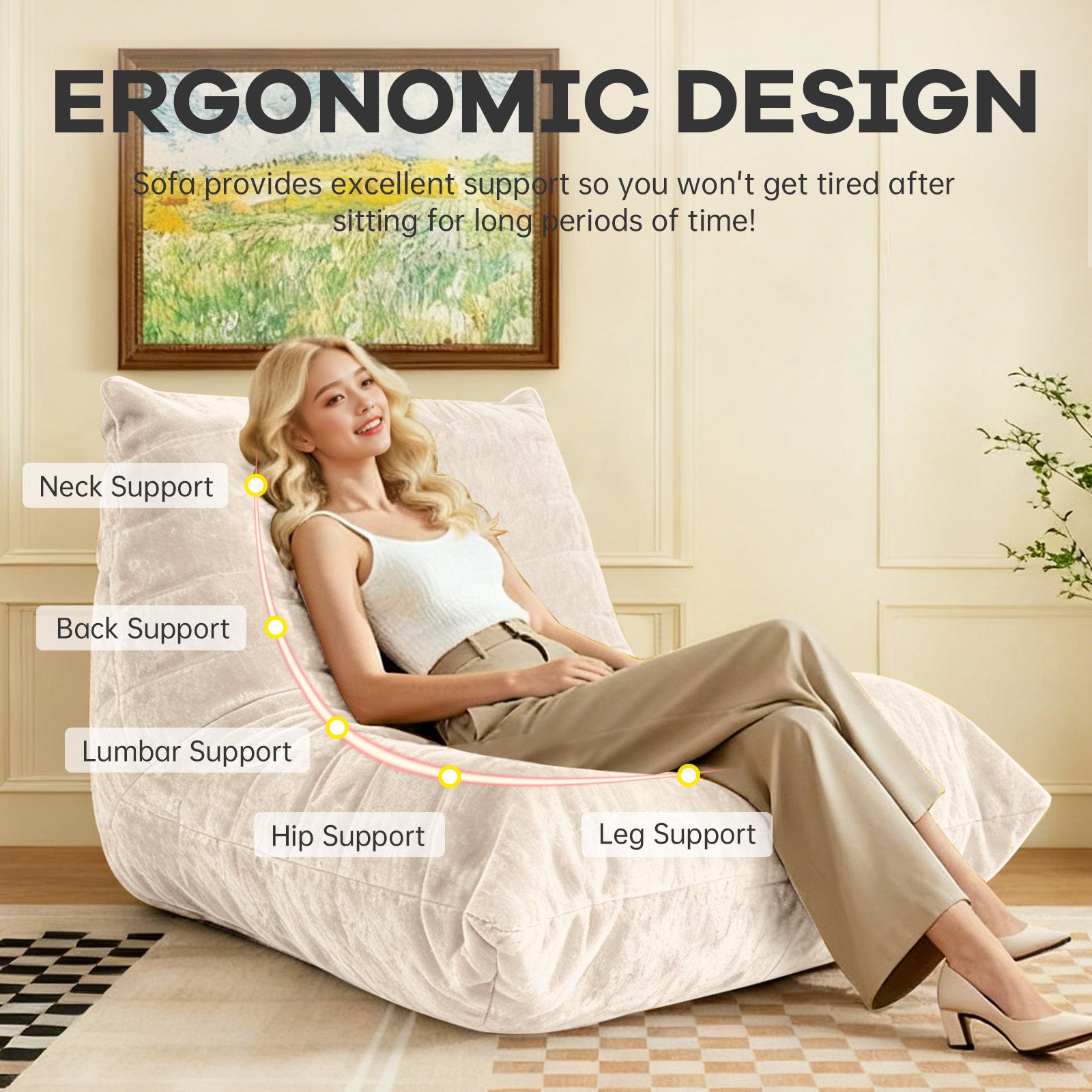 Luxury Bean Bag Lazy Sofa Neck Lumbar Hip Support, Easy Clean Chenille