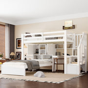 Loft Bed 90x200cm Desk Stairs Storage Shelves - White