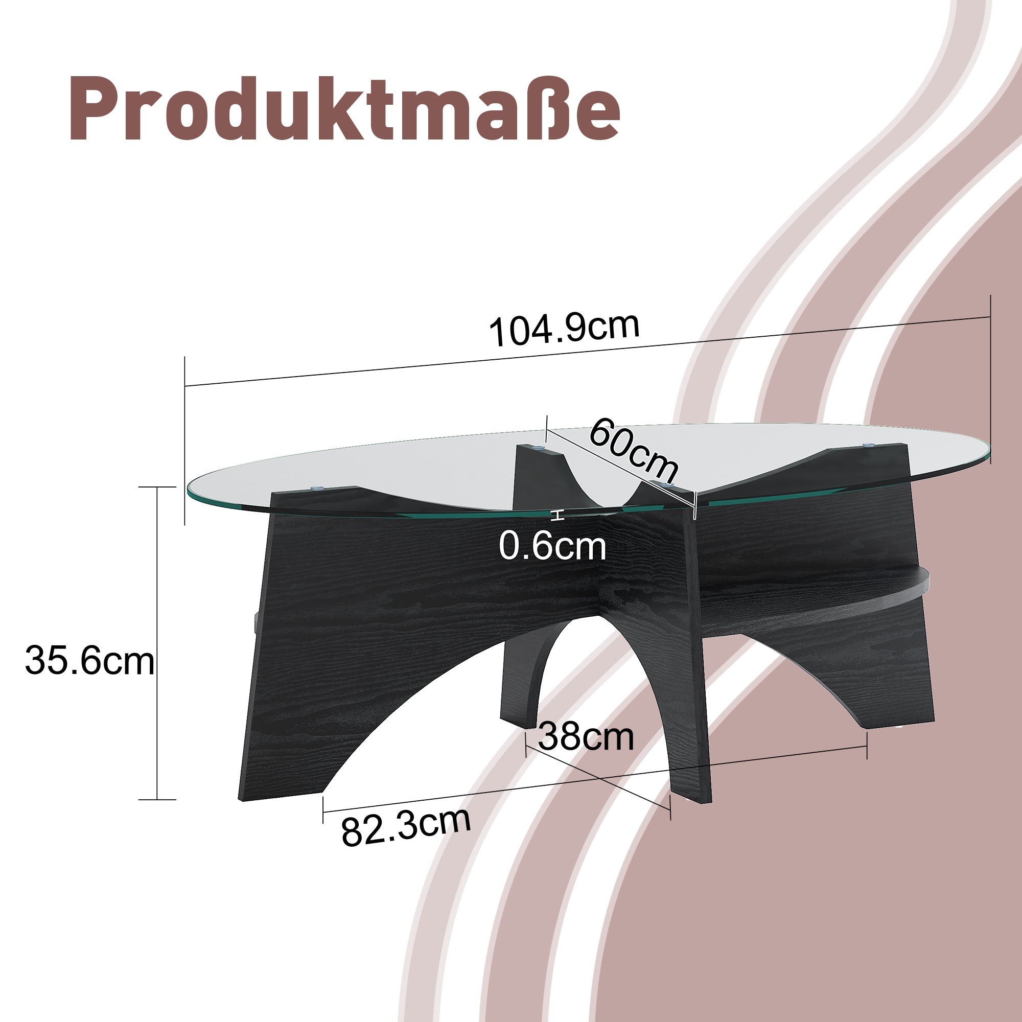 Modern Oval Side Table Multifunctional Safety Glass 105x60cm Black Wood Look