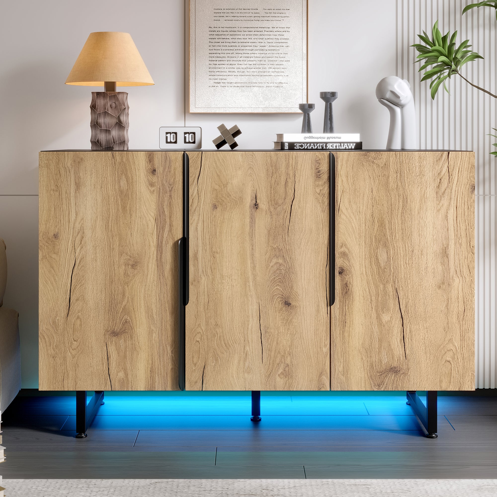 Sideboard, Retro with Integrated LED Lighting, Freestanding, Adjustable Shelves, Stylish Design