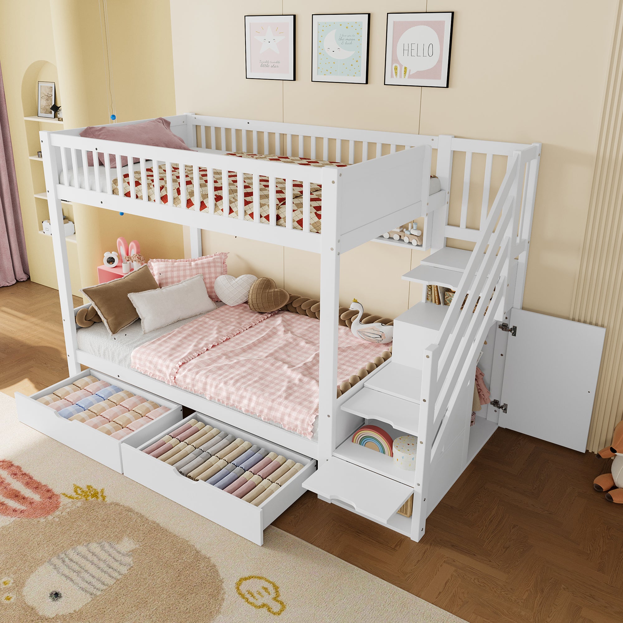 Bunk Bed with Drawer, Shelf, Wardrobe, Storage, 90x200cm, White