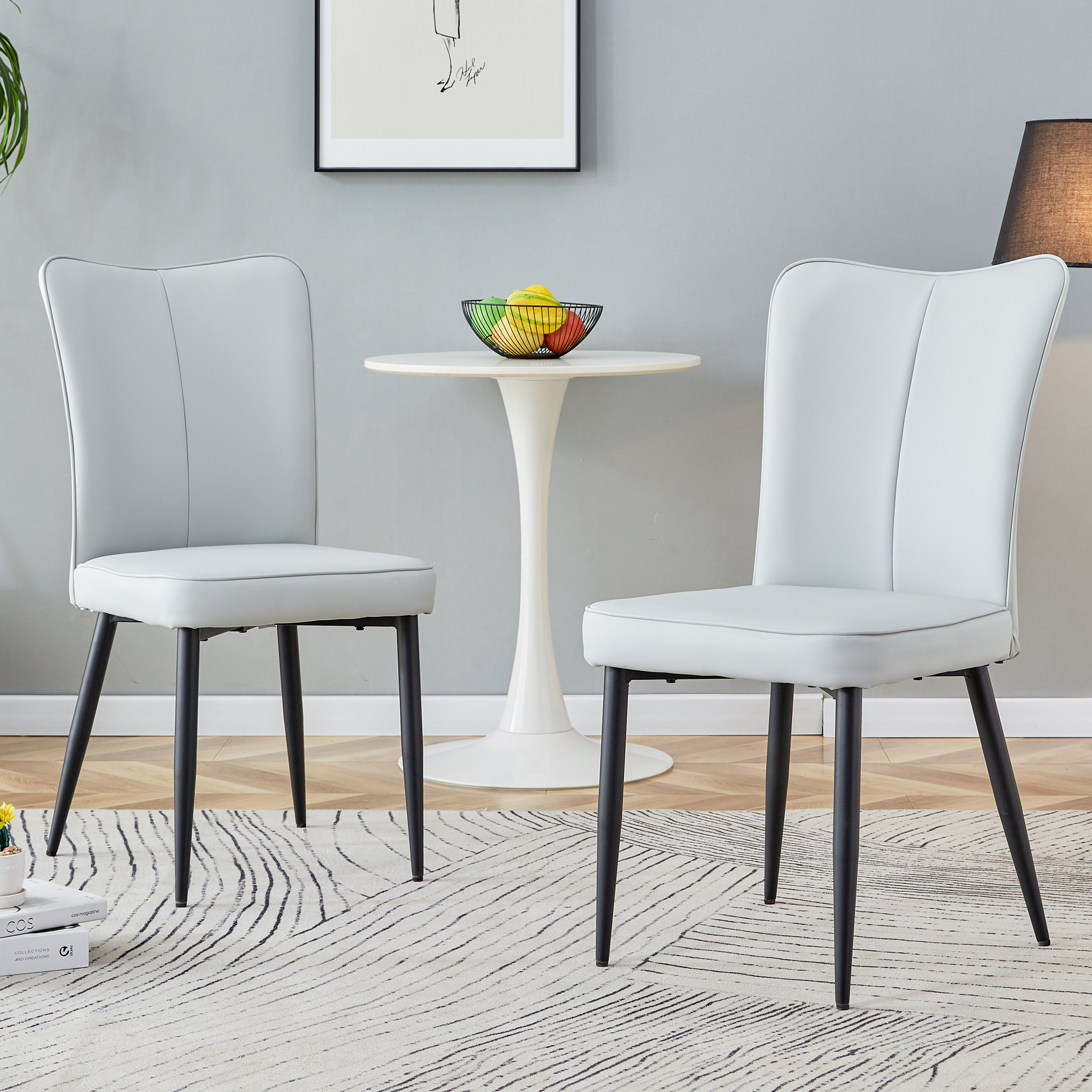 Dining Chairs, Set of 2 Modern 89cm High, Black Metal Legs, Light Grey PU