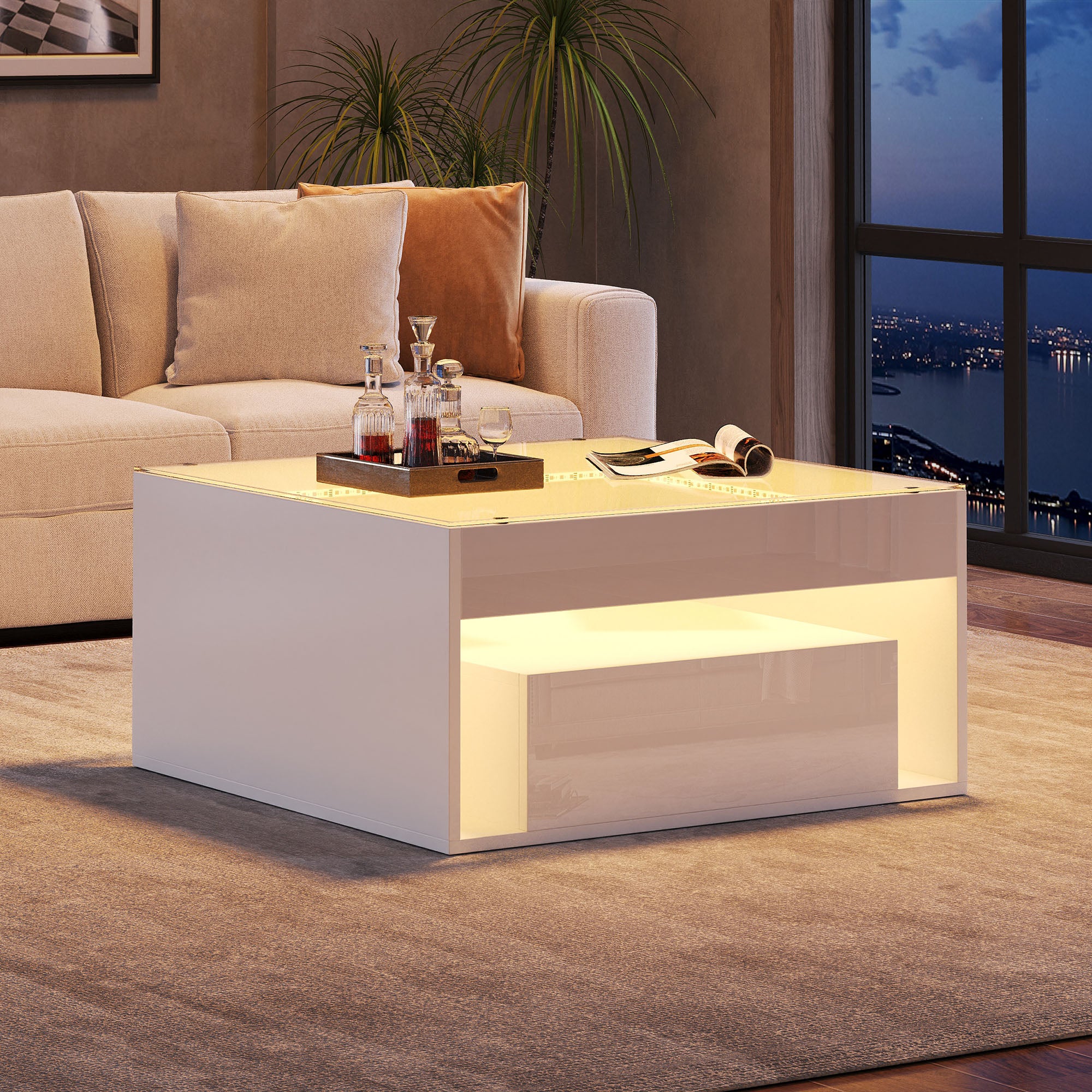 Coffee Table 70x70x35cm High-Gloss LED 2 Drawers Tempered Glass White