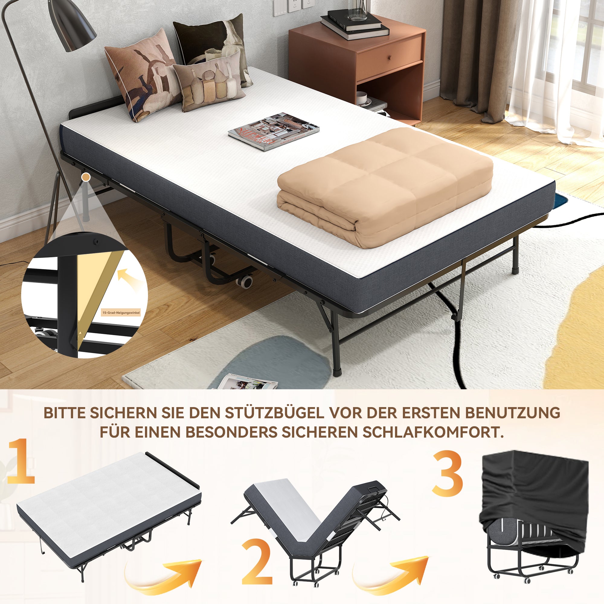 Folding Twin Bed Rollaway, 190x116cm with 9.5cm Memory Foam Mattress, Metal Frame