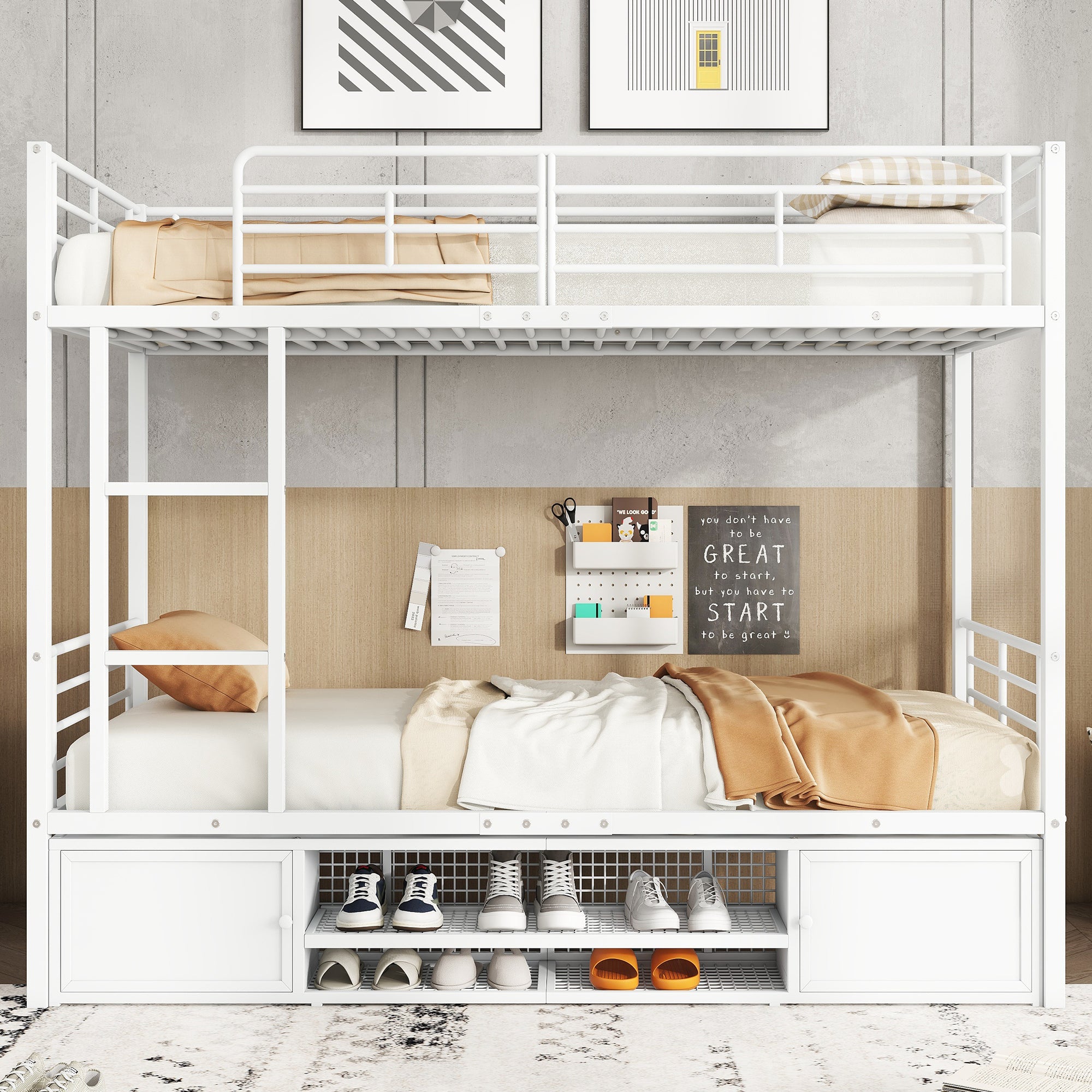 Iron Bunk Bed with Storage, Ladder, and Safety Rail, 90x200cm White