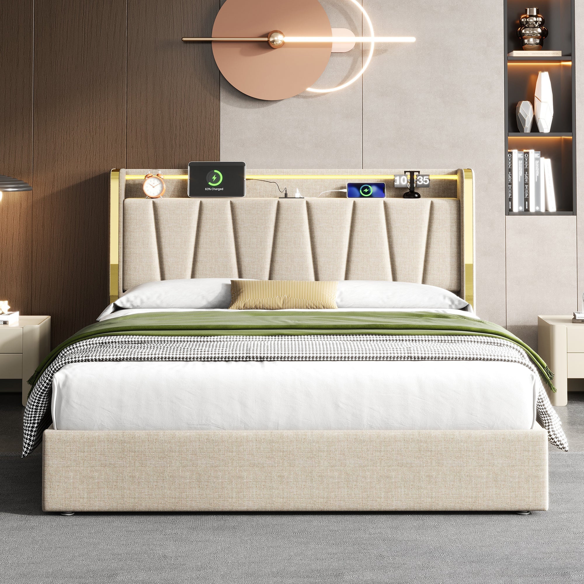 4ft6 Double Upholstered Bed Frame with Hydraulic Storage, LED Headboard & Charging Station, Beige Linen