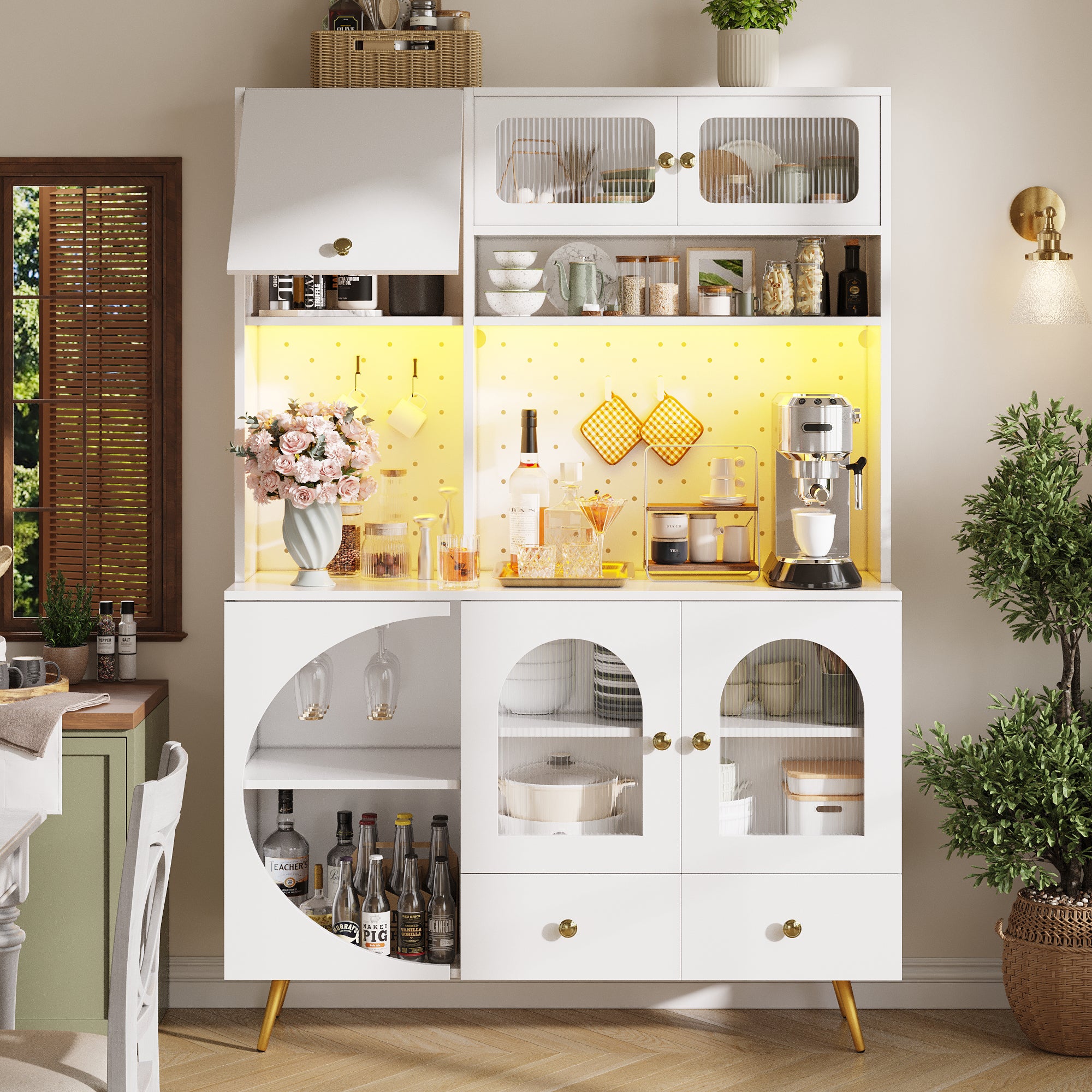 Modern Sideboard and Tall Kitchen Cabinet with LED Lighting, USB Ports and Pegboard, White