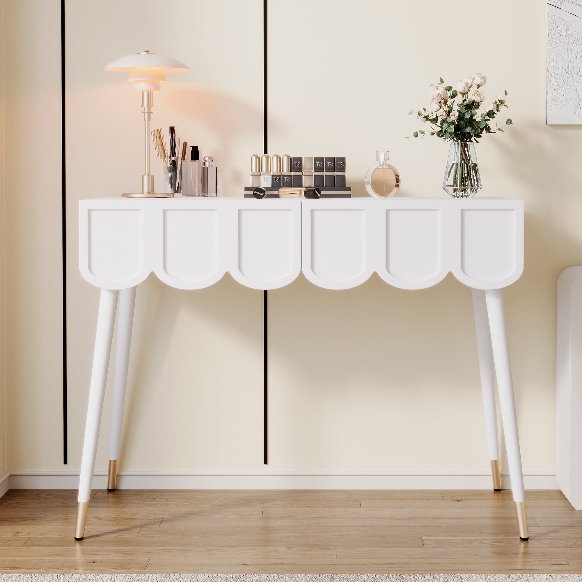Dressing Table with 2 Drawers and Metal Legs, White