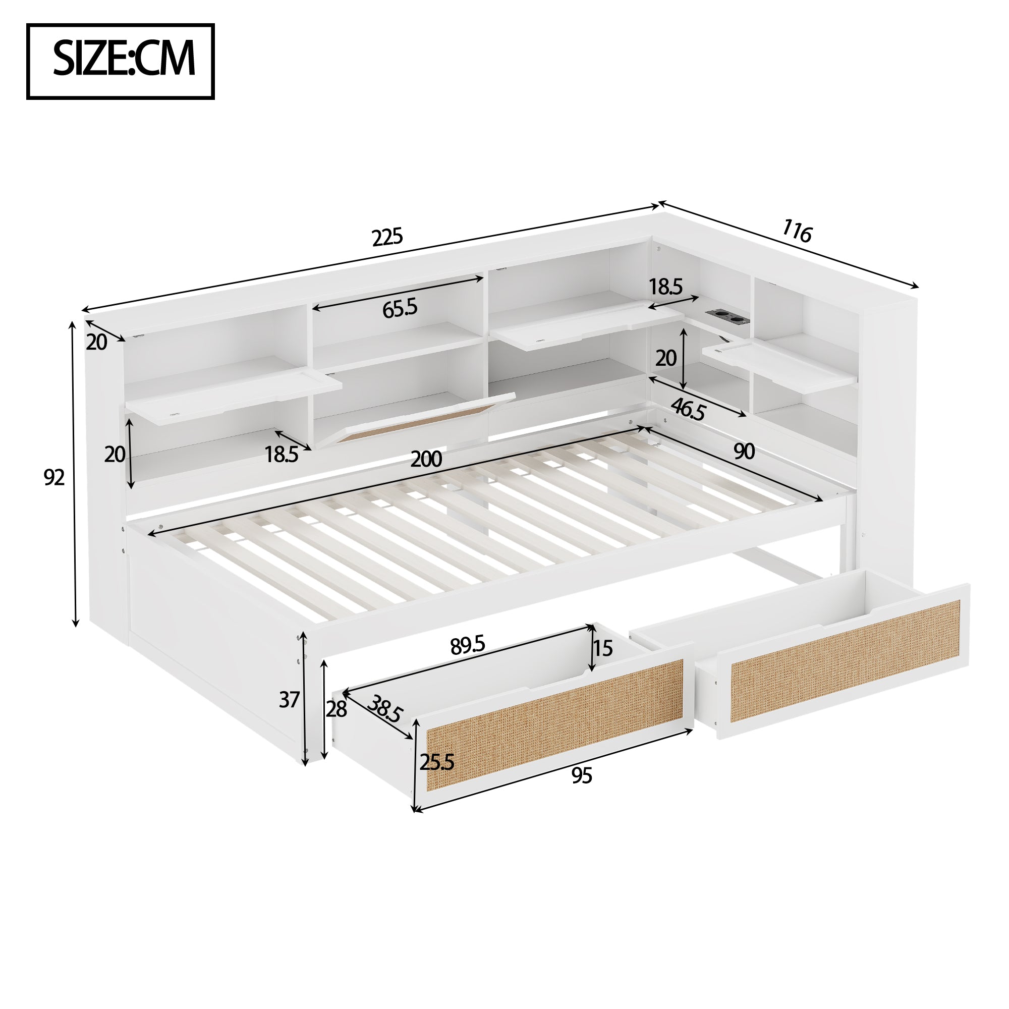 Sofa Bed, 90x200cm Multifunctional Single Bed with Drawer & Charging Port, White Solid Wood
