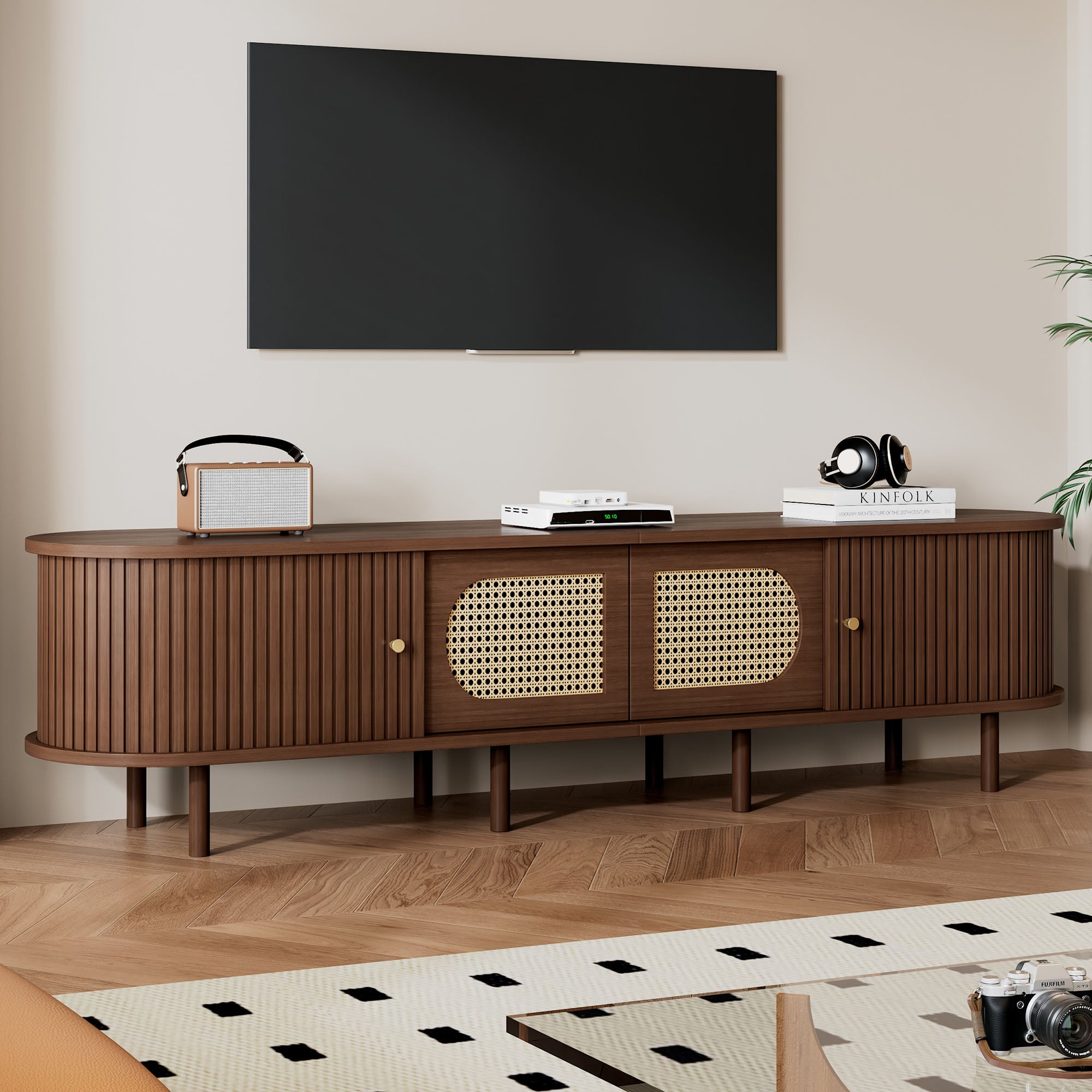Oval TV Stand 180cm Rattan Design with 2 Sliding Doors Dark Walnut