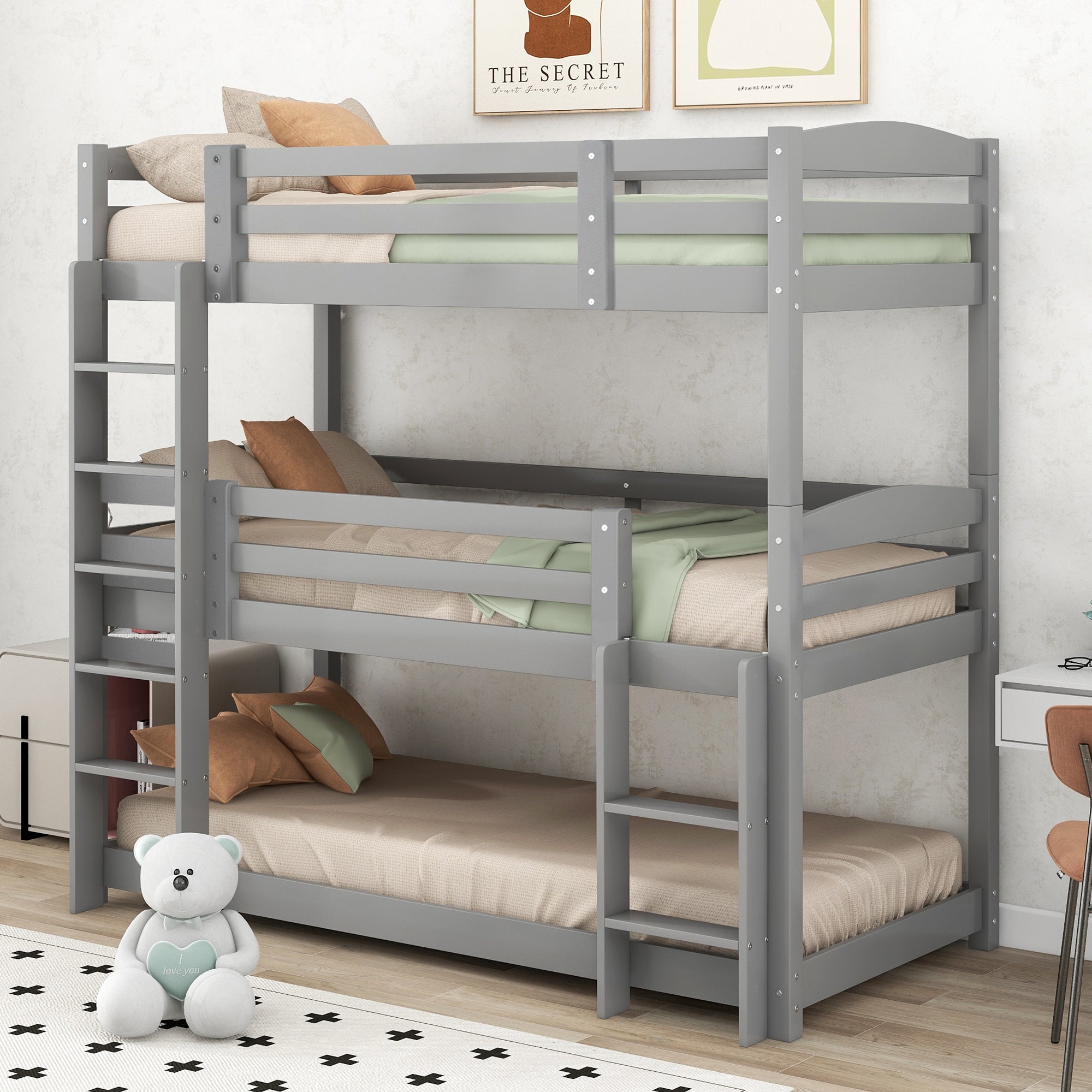 Bunk Bed 90x200cm Single Wooden Triple for Children, Grey