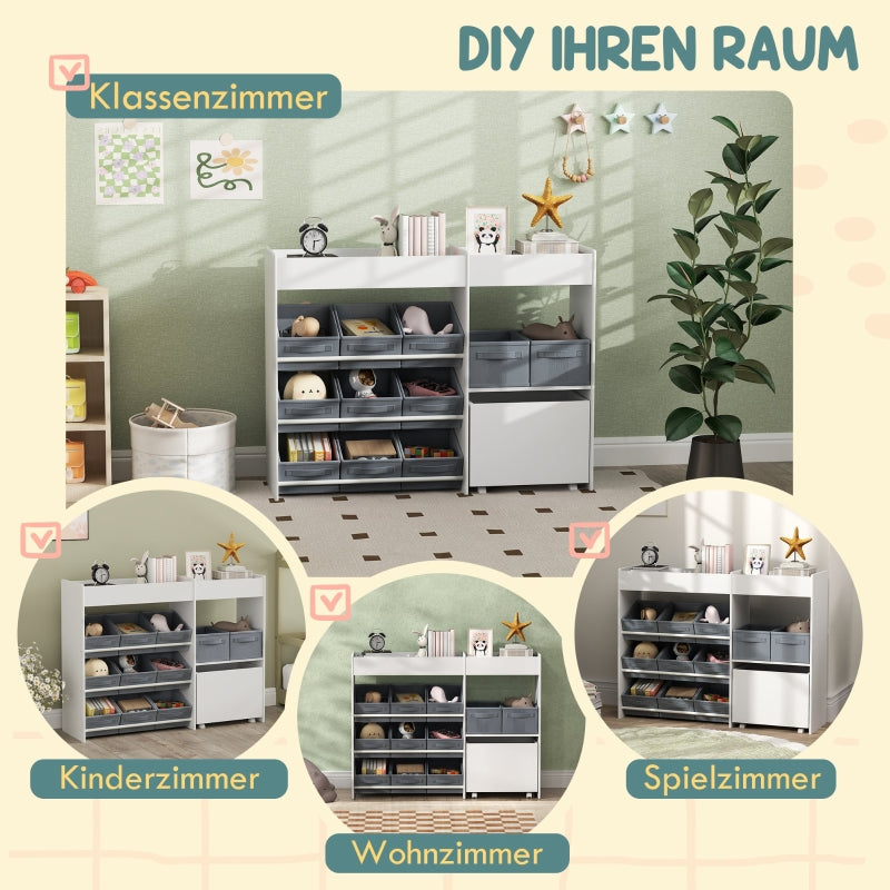 Children's Storage Shelf 11 Fabric Boxes Top Compartments - White