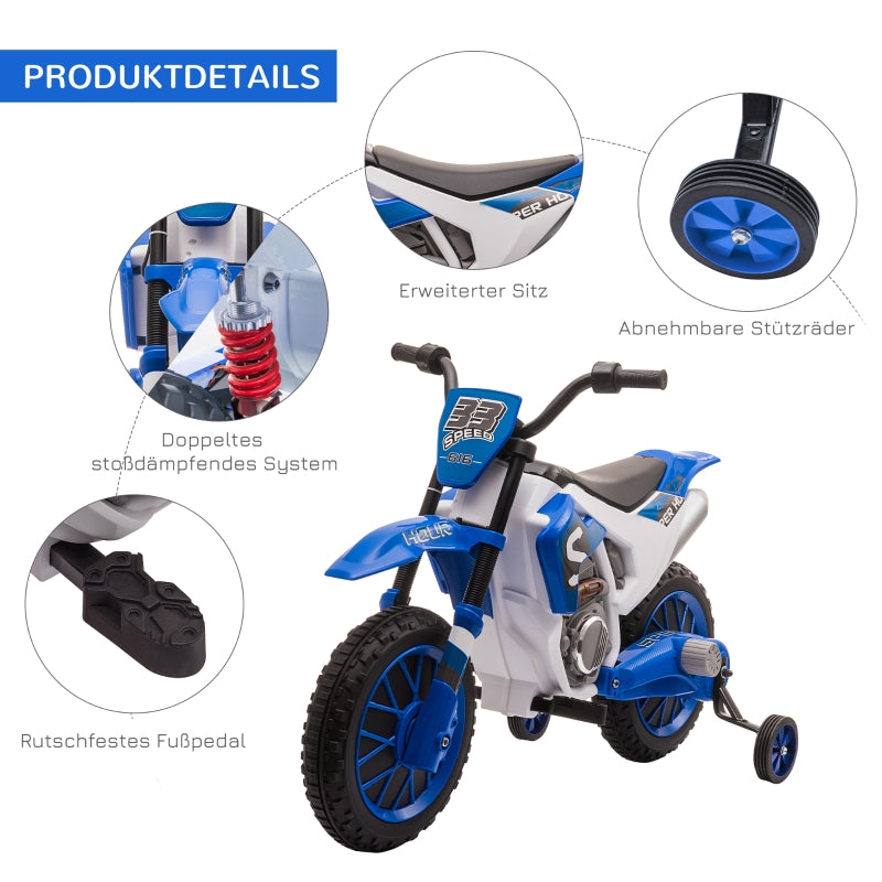 Children's Electric Motorcycle with Training Wheels and 45 Min Driving Time, Blue and White