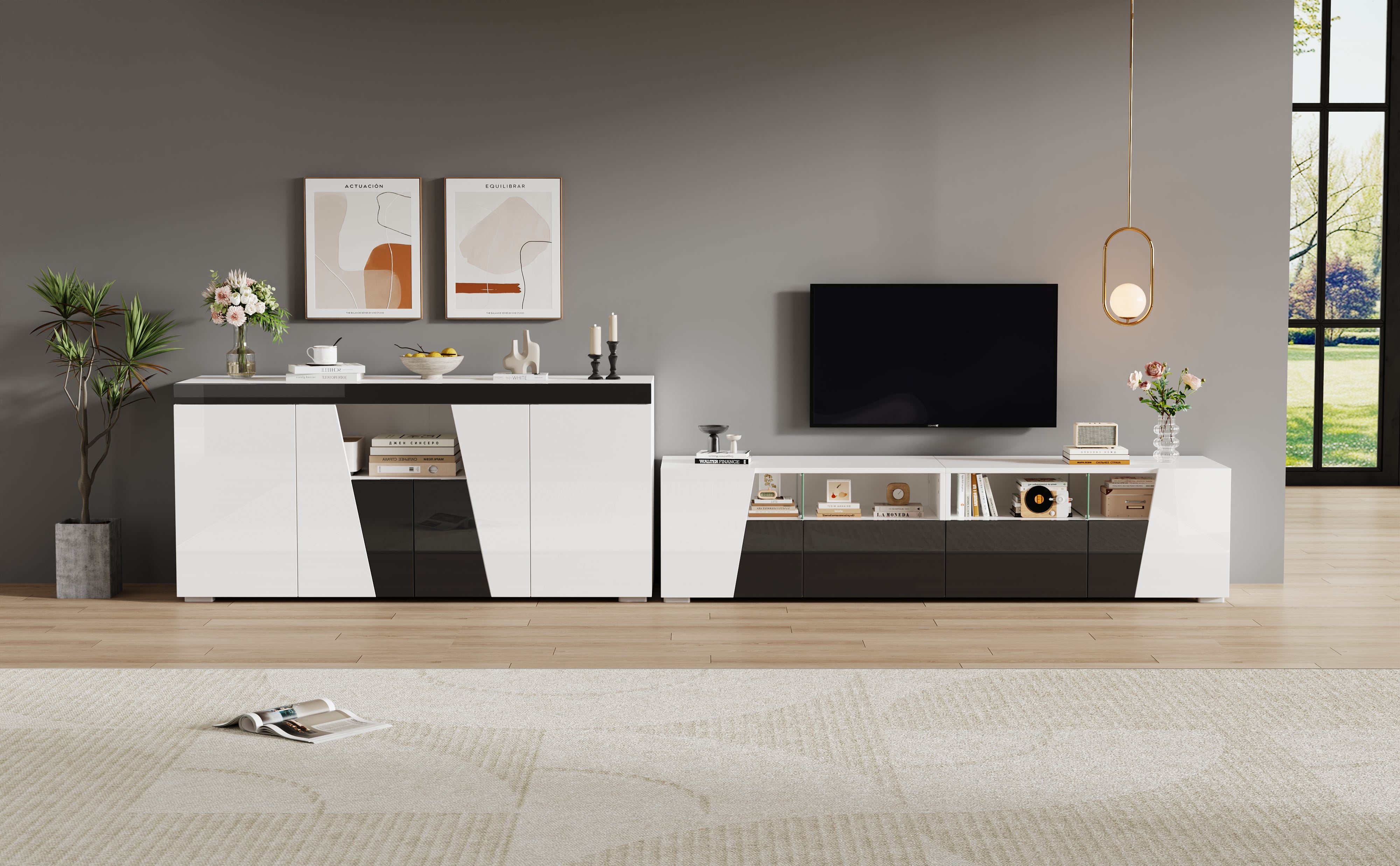 TV Cabinet and Sideboard Set High-Gloss LED Lowboard - Black and White