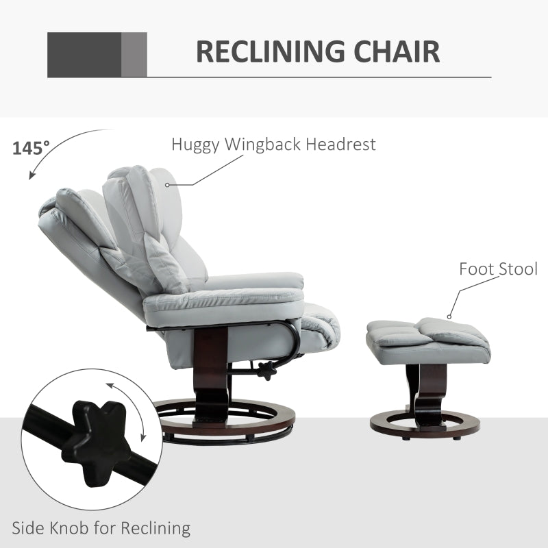 360° Swivel Recliner Chair with Footstool, Manual Recliner Armchair, PU Leather Light Grey