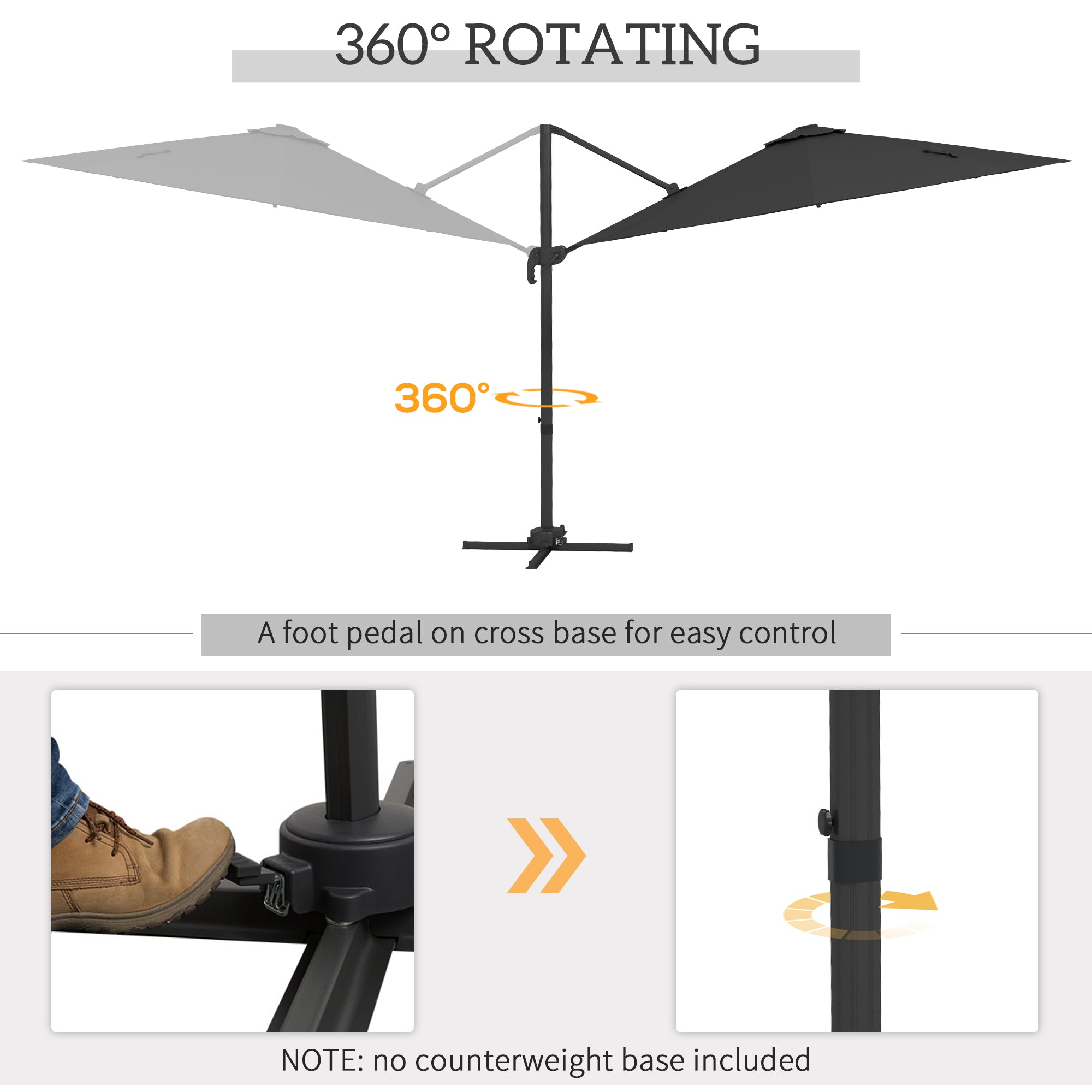 Cantilever Parasol, 3m Adjustable with Base Solar LED Lights, Dark Grey