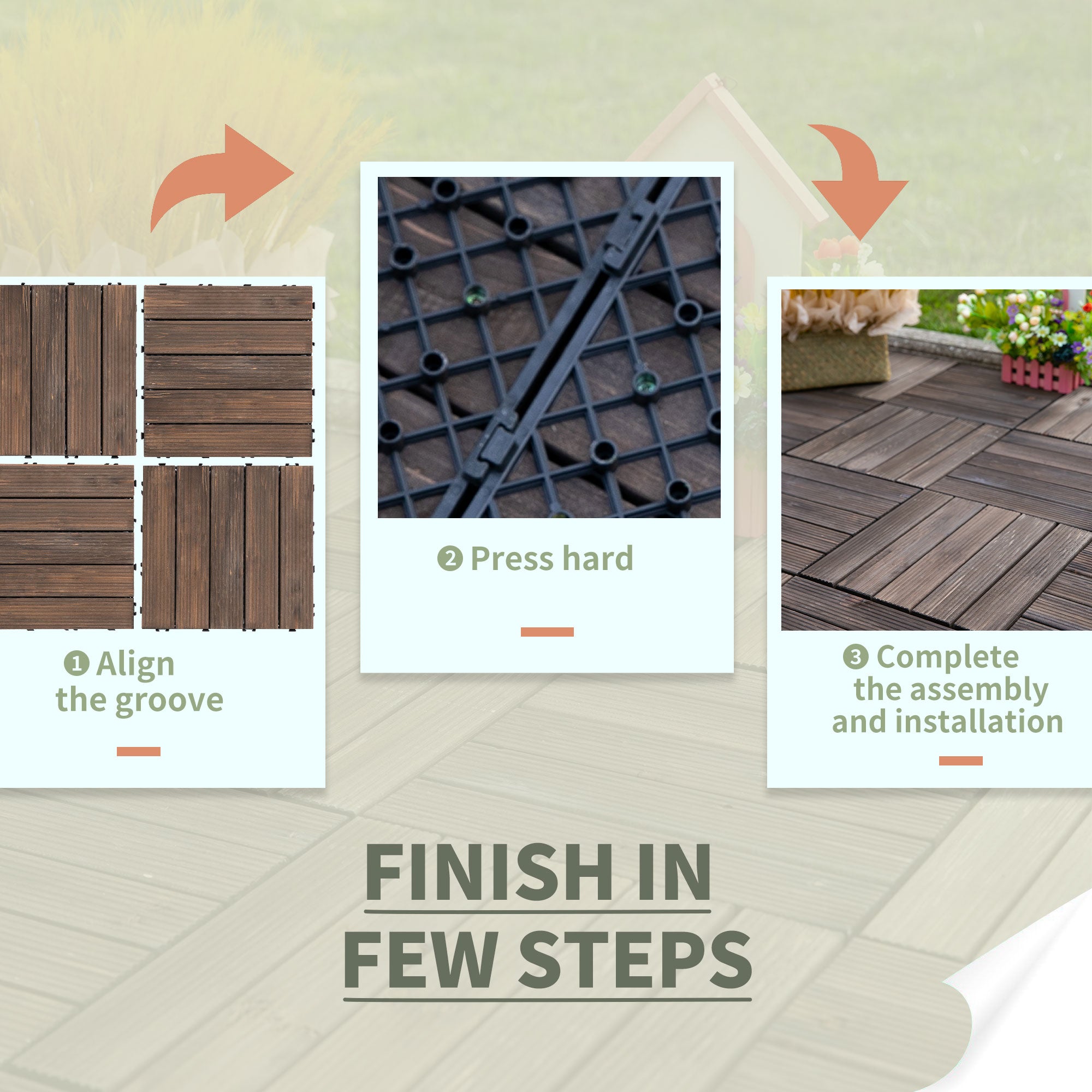 Solid Wood Interlocking Decking Tiles, 27 Pcs 30x30cm for Patio, Black