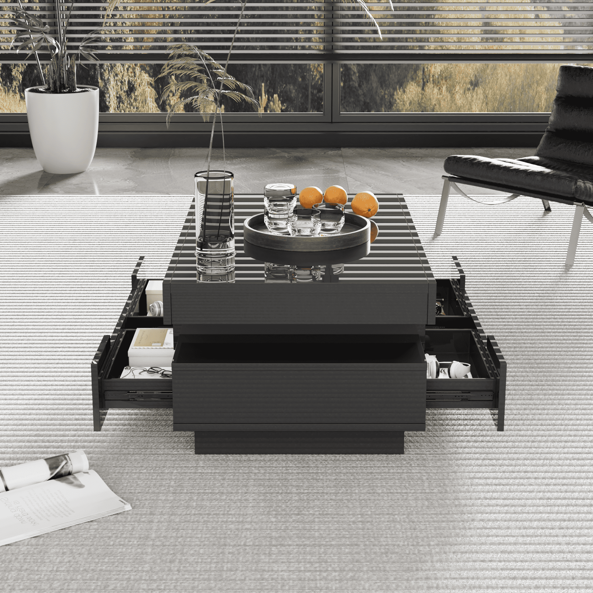 Coffee Table, High-Gloss, LED Light, Four Drawers, Large Storage, White