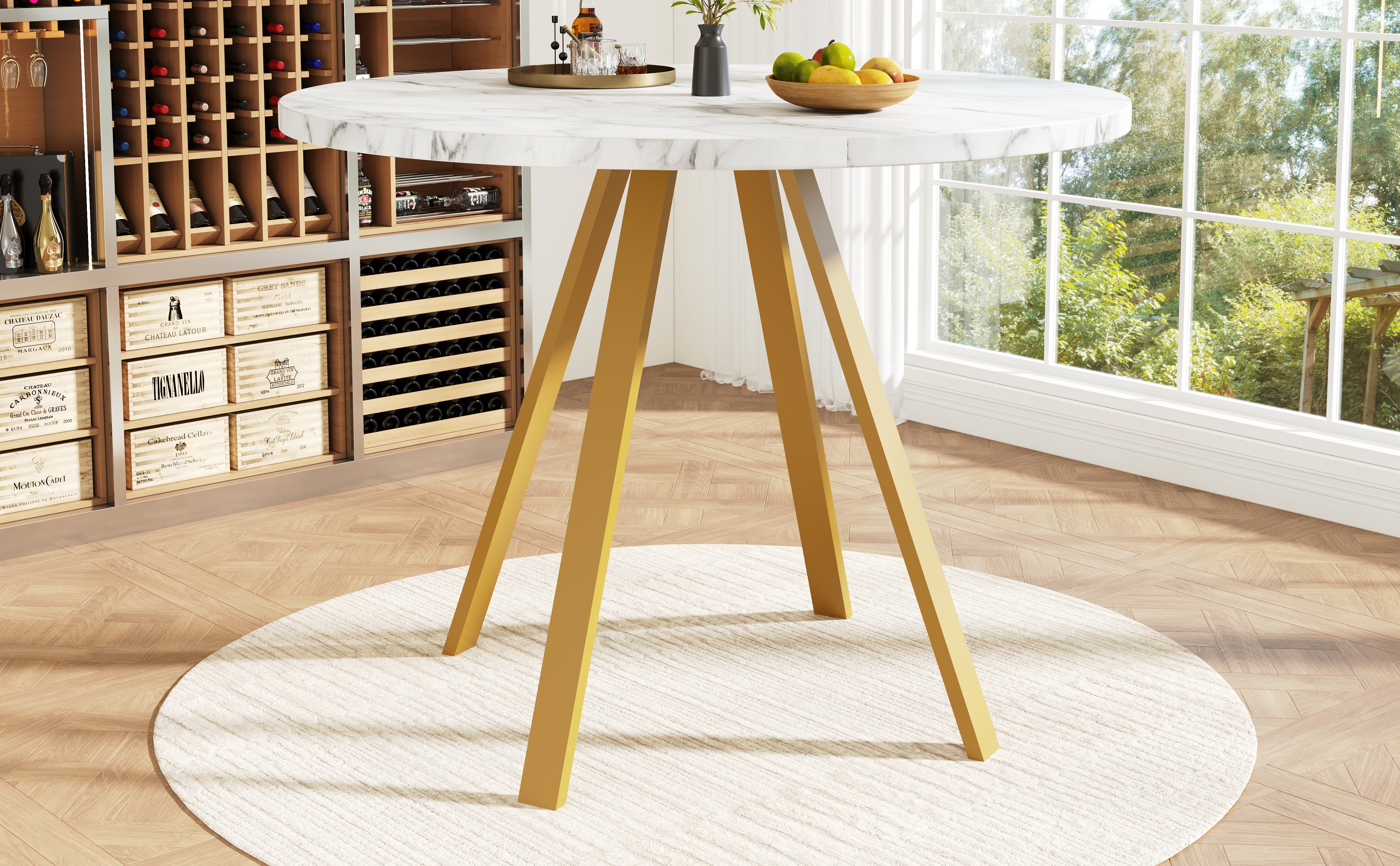 Round Dining Table 80x80x75cm 4-Seater Metal Legs - White Marble/Gold