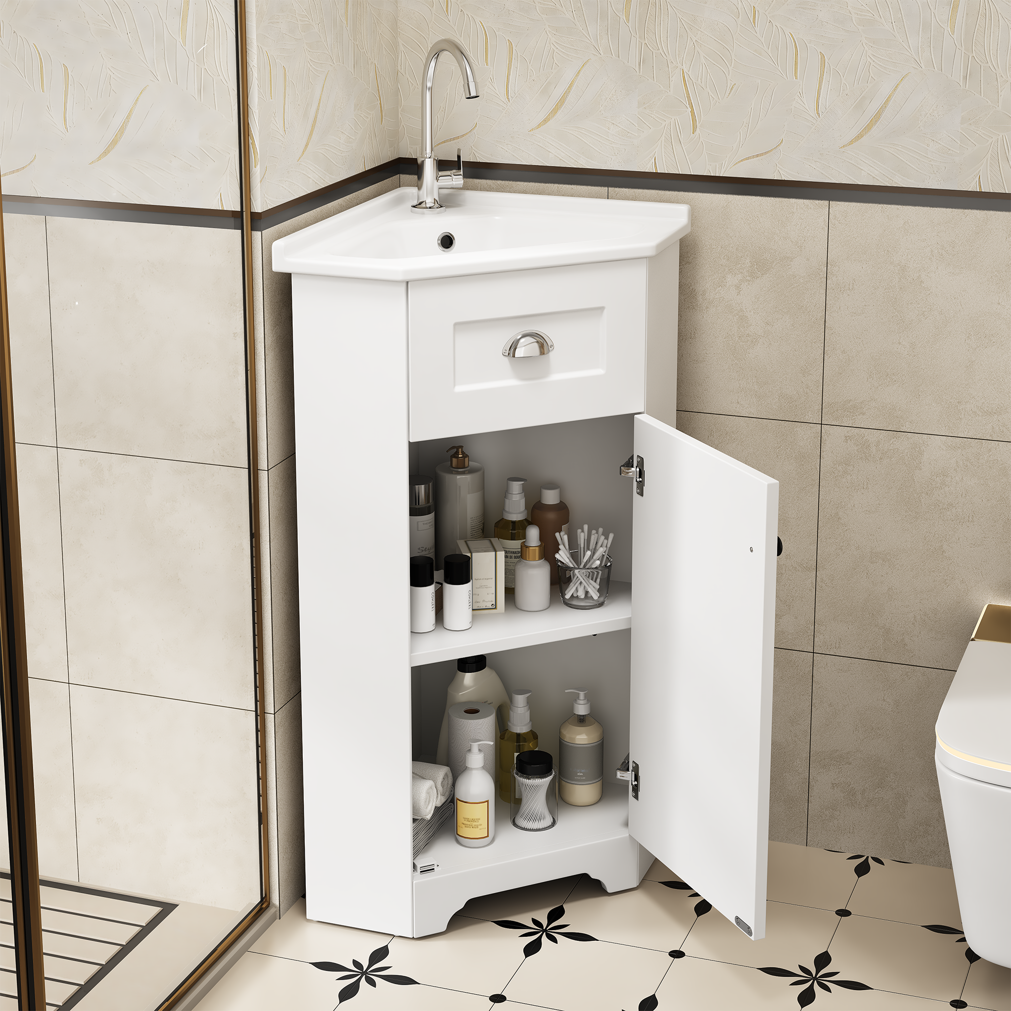 Bathroom Cabinet with Single Ceramic Sink and Waterproof MDF Body, White