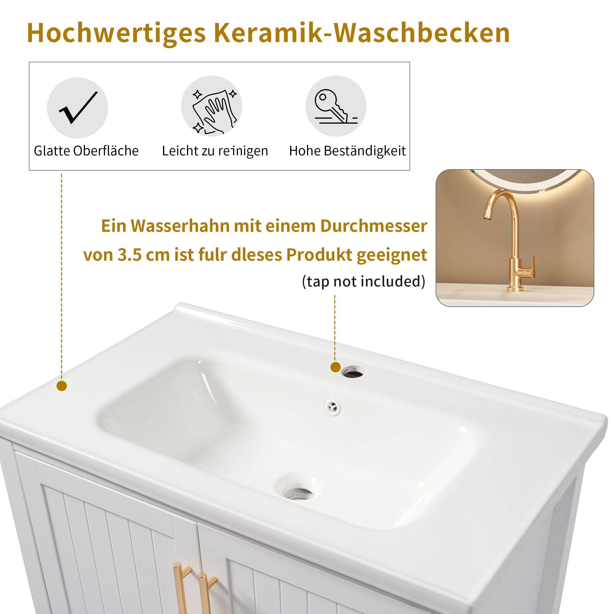 Bathroom Vanity Unit 80cm Base Cabinet with Ceramic Washbasin, White