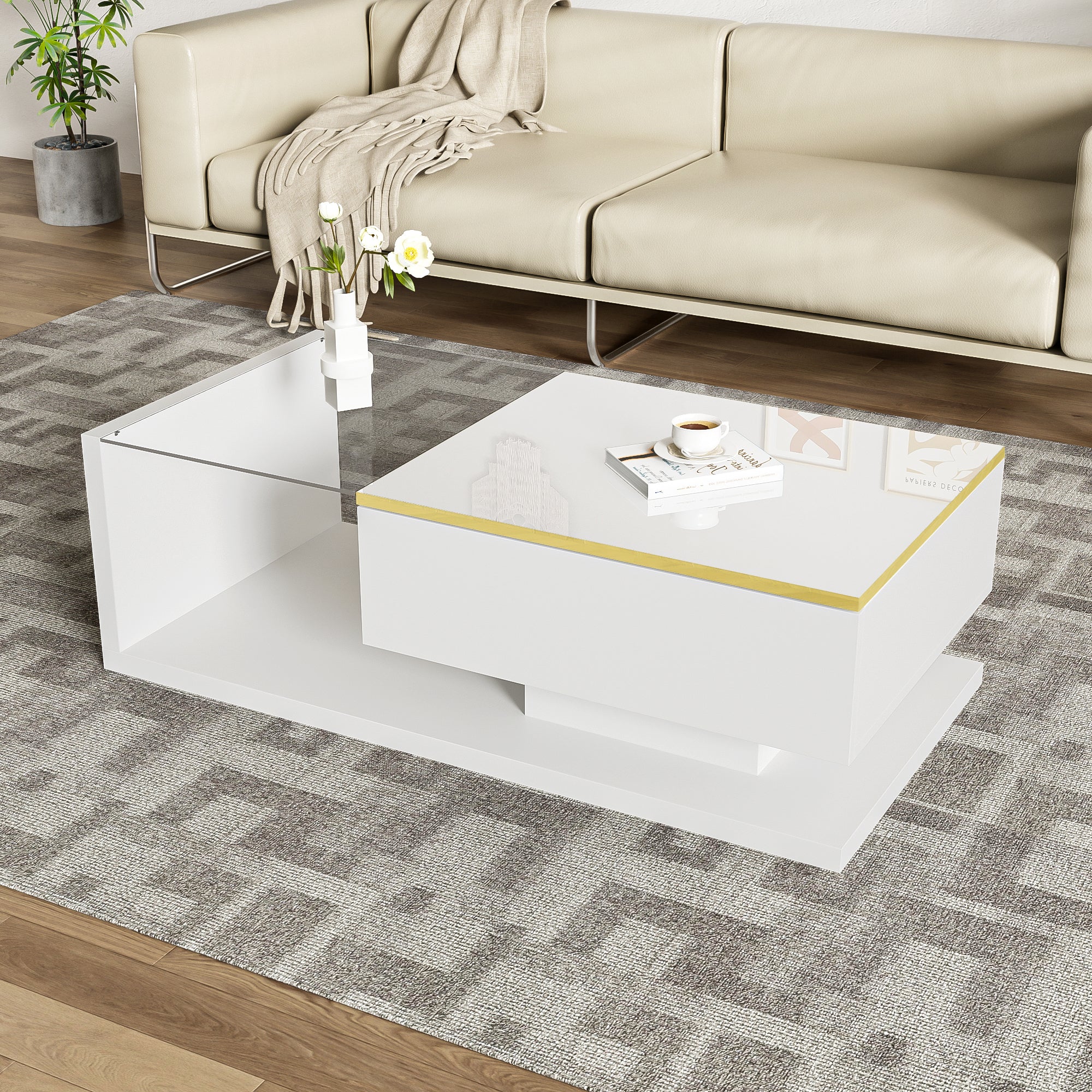 Coffee Table 100cm Long Glass LED Effect High-Gloss White