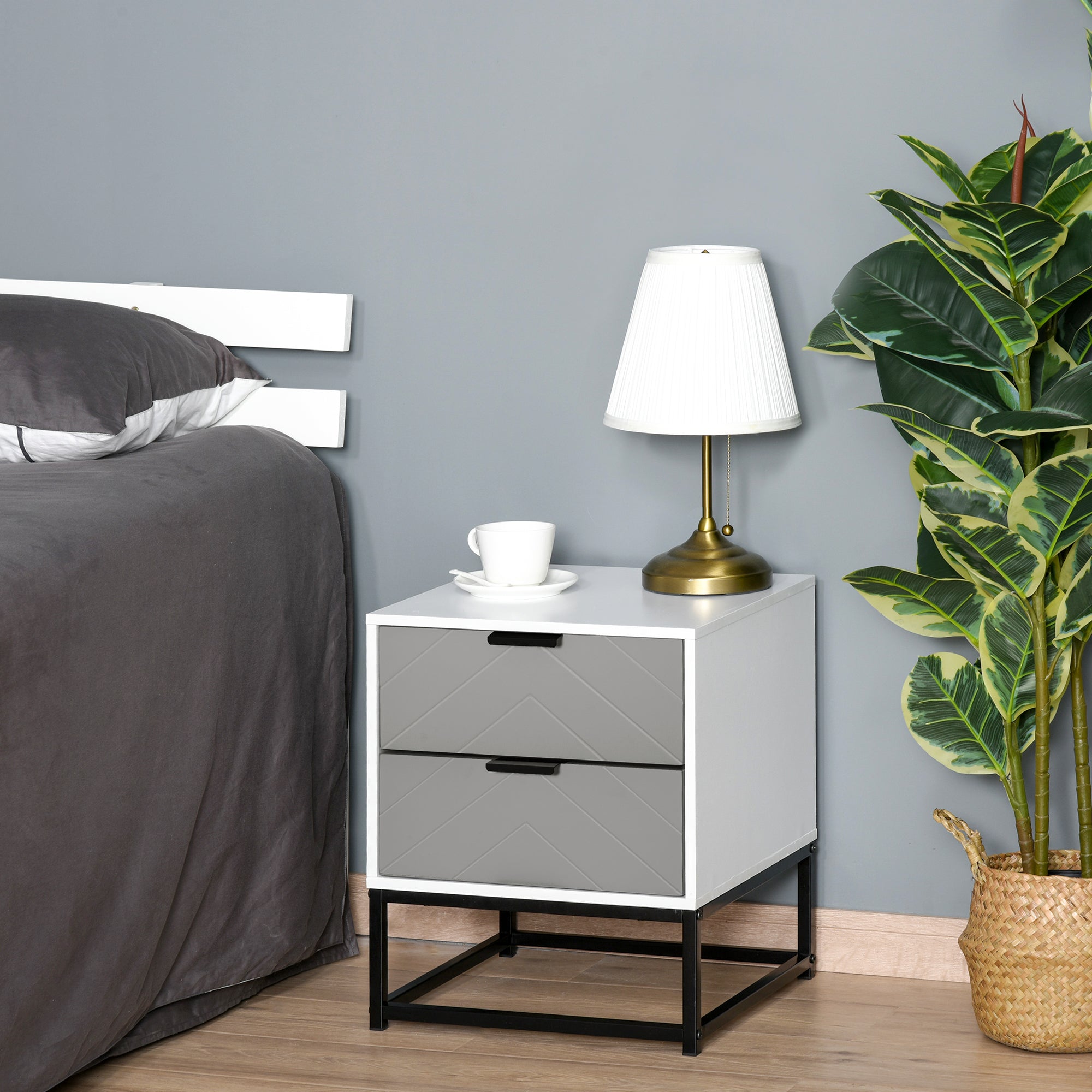 Bedside Cabinet, 2 Drawer Storage Nightstand with Metal Base, Grey/White MDF