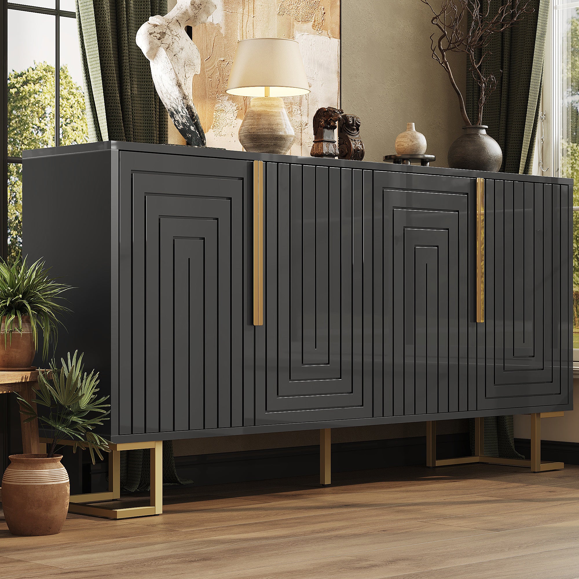 Sideboard with Geometric Design and Gold Accents, 152 x 40 x 75 cm, Black
