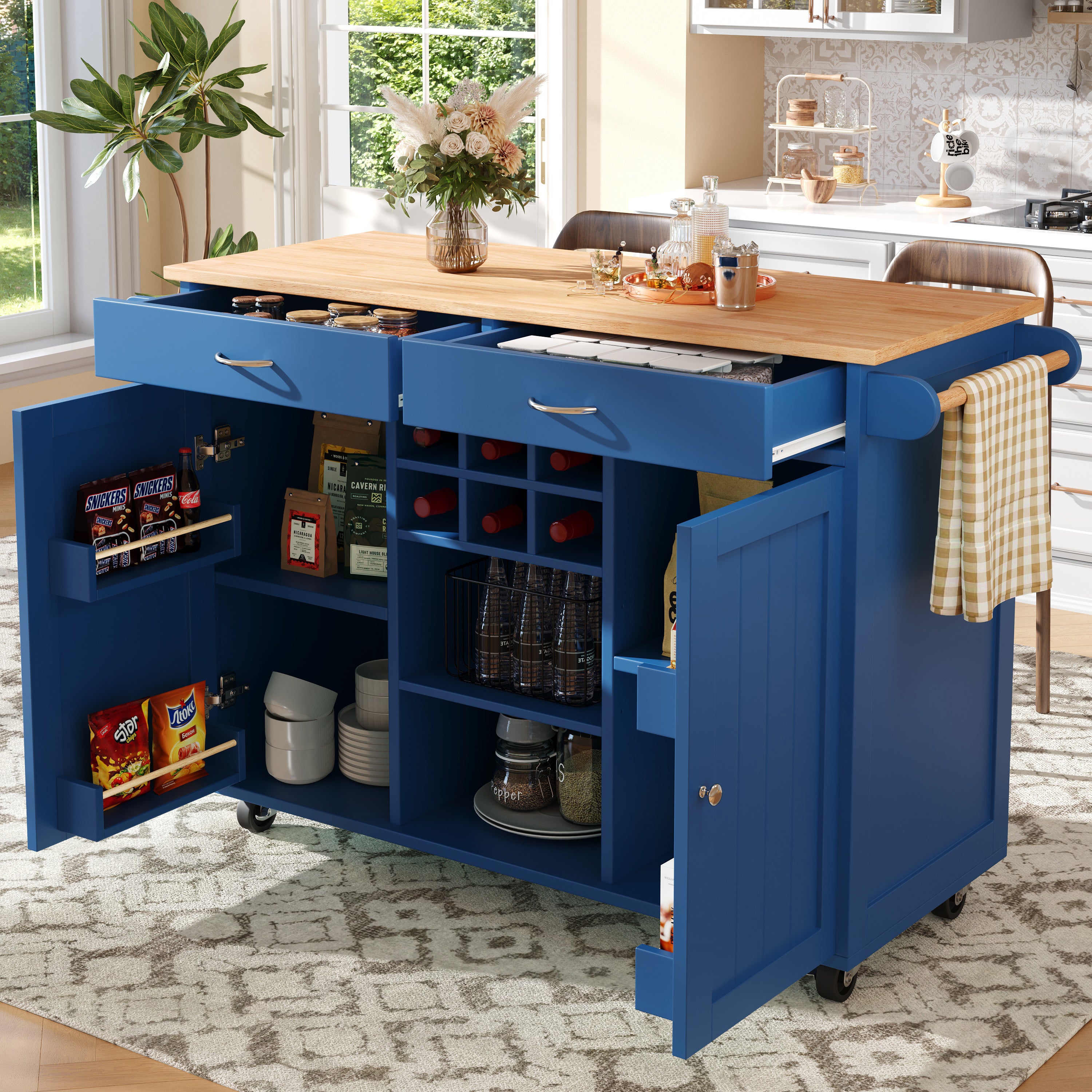 Modern Kitchen Island Dining Table Storage Wood Grain - Blue
