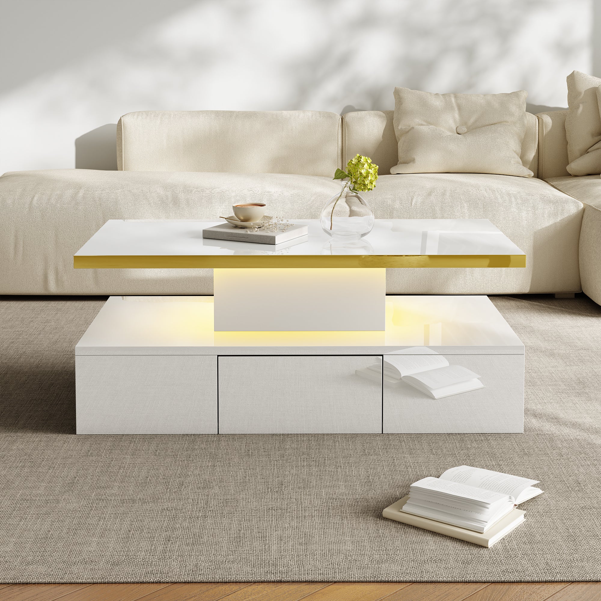 Coffee Table with Drawers, High-Gloss Lacquer Finish, Two Shelves, LED Light