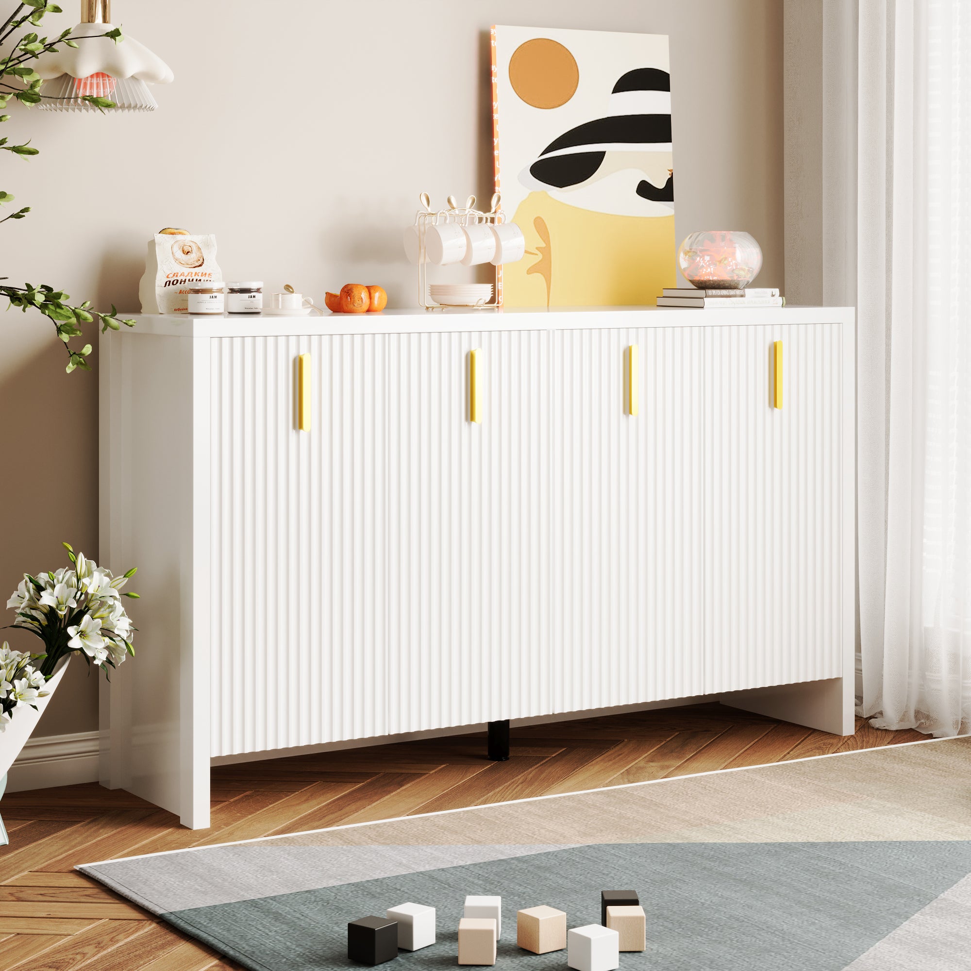 Sideboard, Minimalist with Golden Handles & Adjustable Dividers, White
