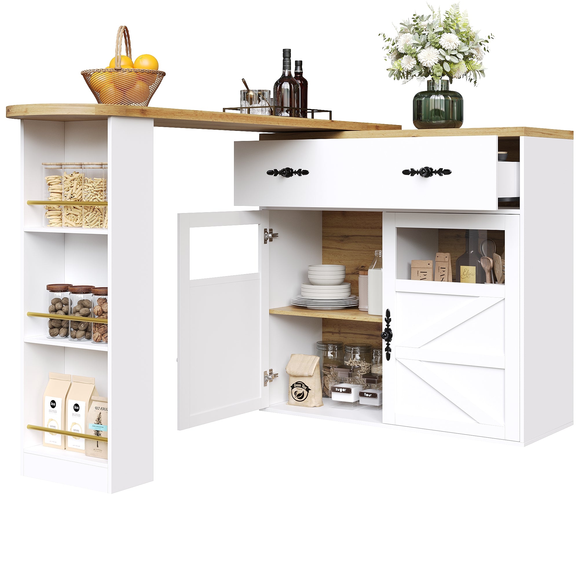 Extendable Bar Table 360° Rotating Storage Shelves - White