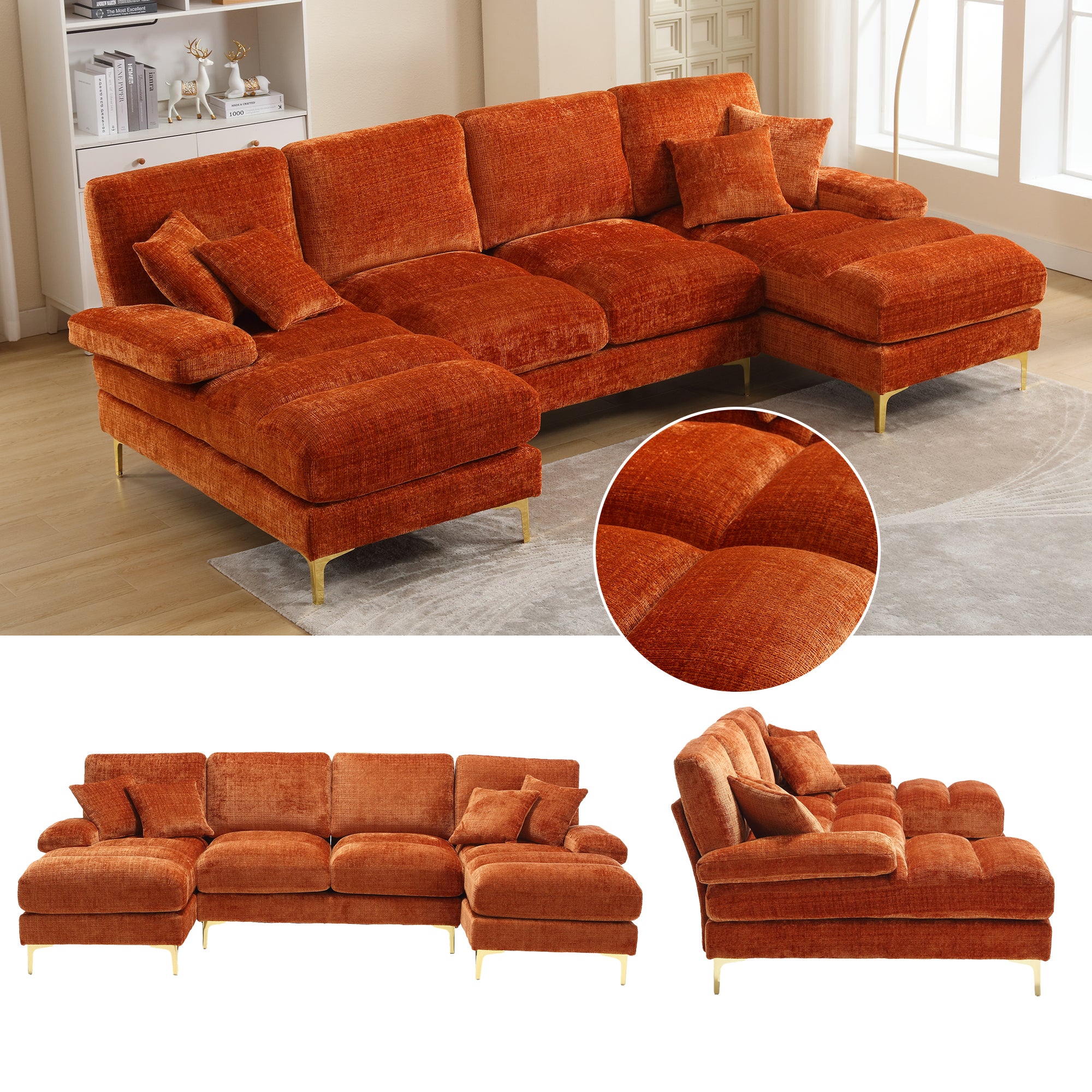 Sofa, Modern Large U-Shape Sectional with Double Reclining Seats, Chenille Orange