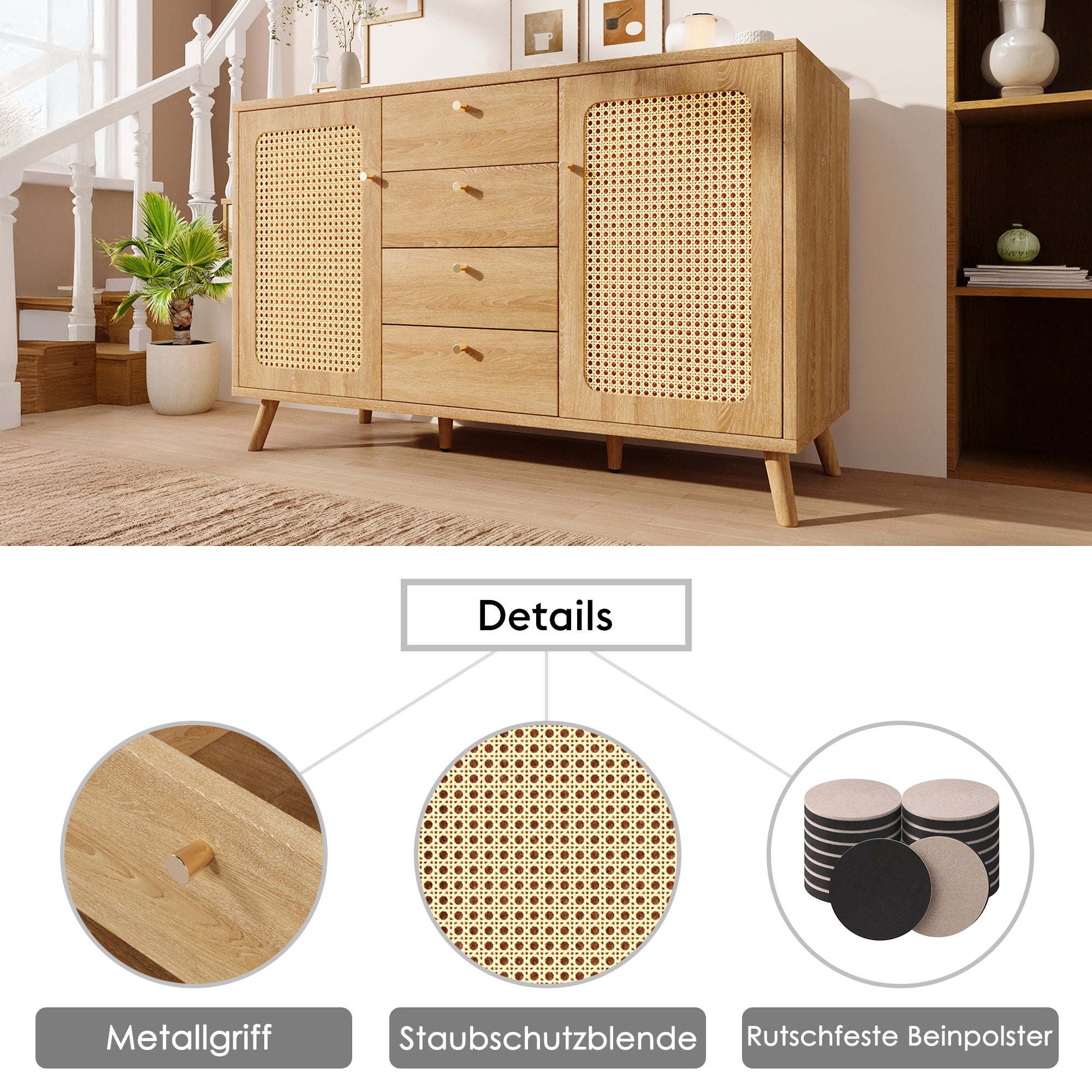 Sideboard Rattan Look Storage Cabinet 4 Drawers 2 Doors - Light Oak