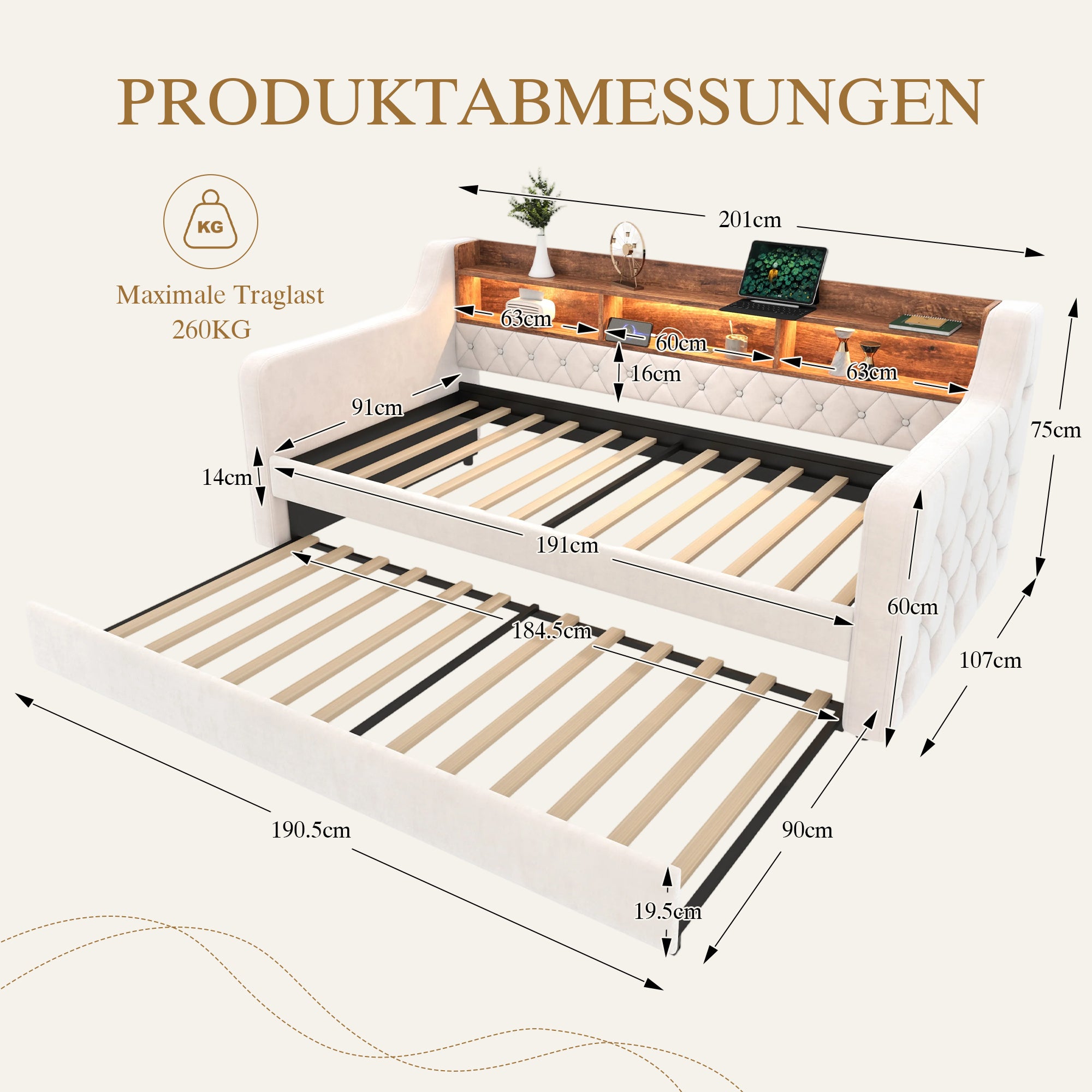 Sofa Bed Space-Saving 90x190cm Storage LED USB-C Port, Velvet Beige