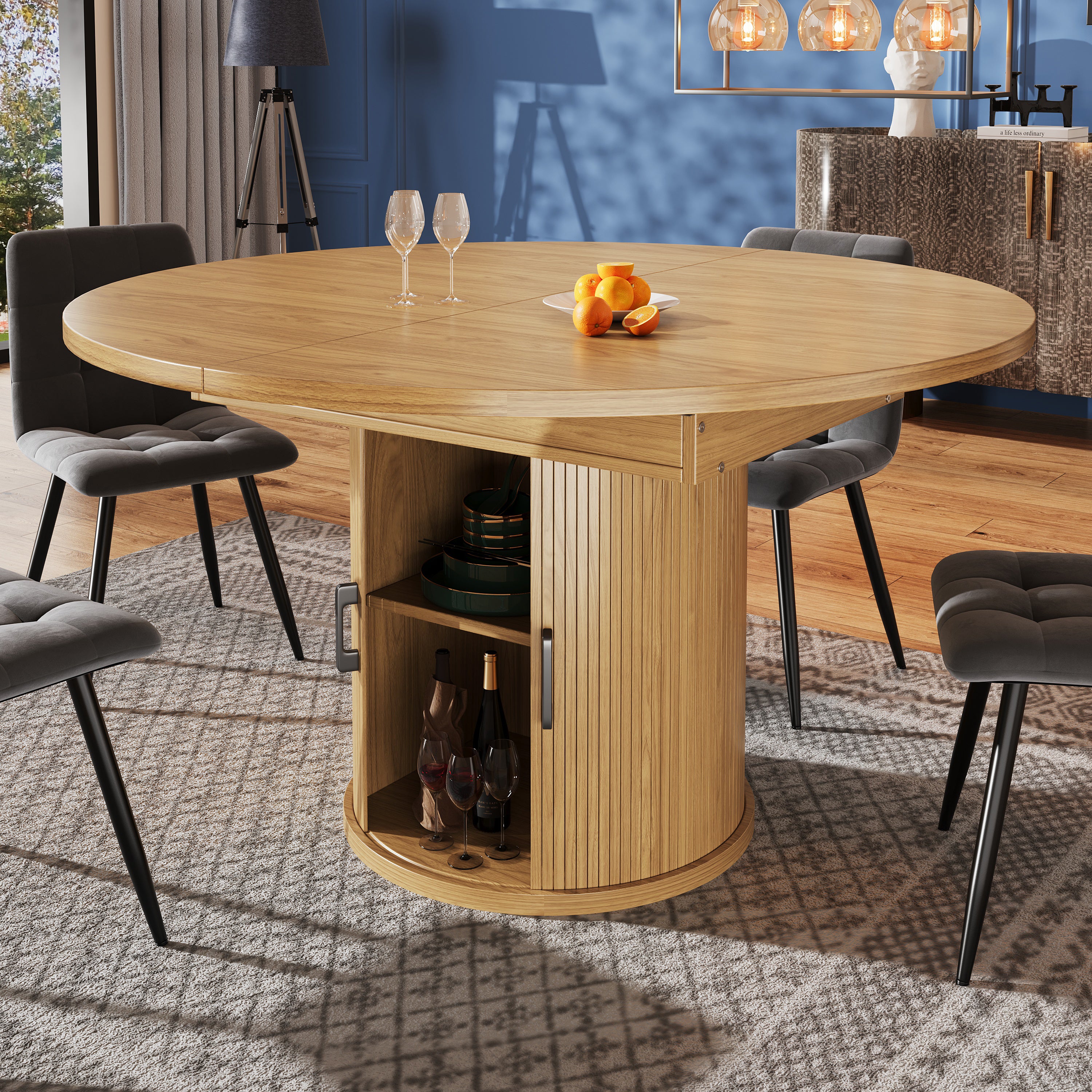 Extendable Round Dining Table, Oval Extension for 6 People, Wood Color