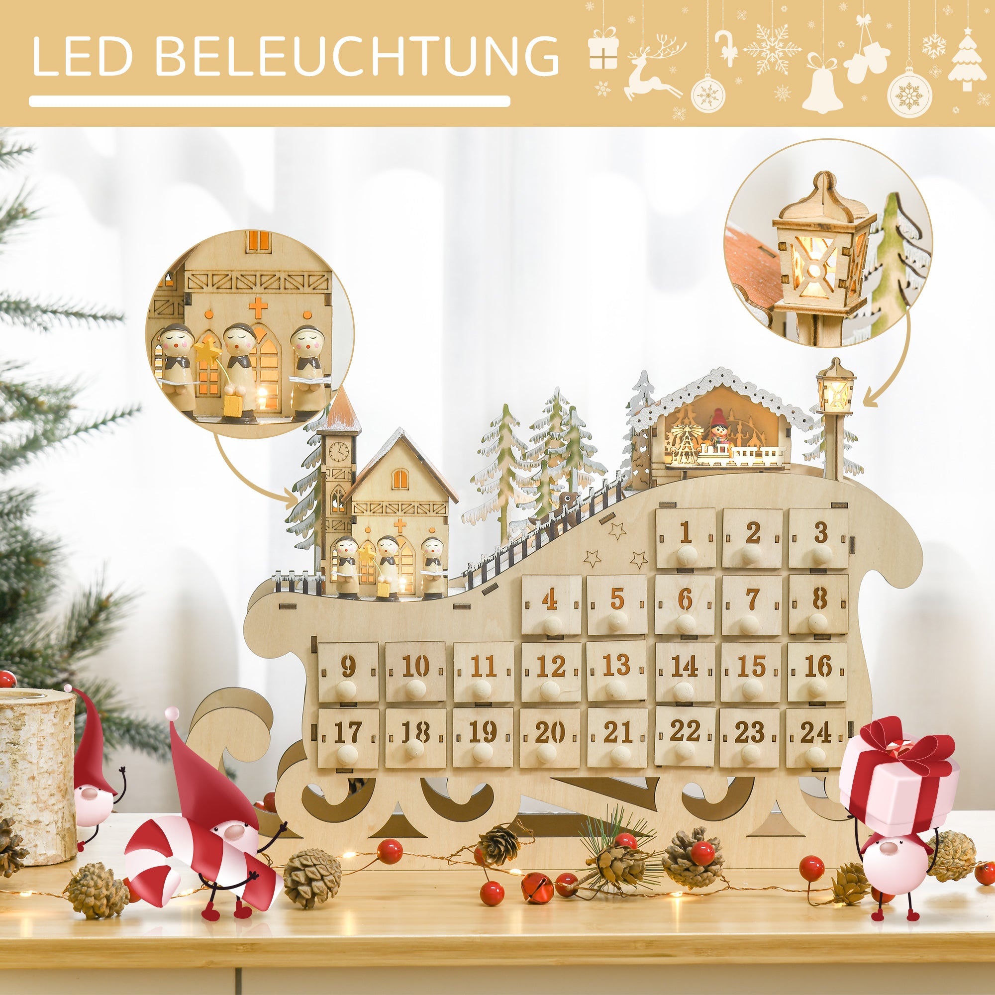 Advent Calendar, 24-Drawer LED Sleigh, Wood