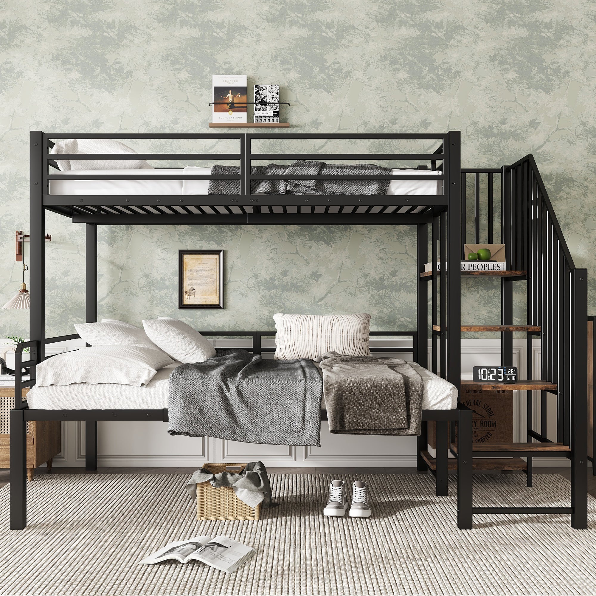 Iron Bunk Bed with Storage Ladder Wardrobe, 90x200cm & 120x200cm, Black+Vintage Wood Iron+MDF