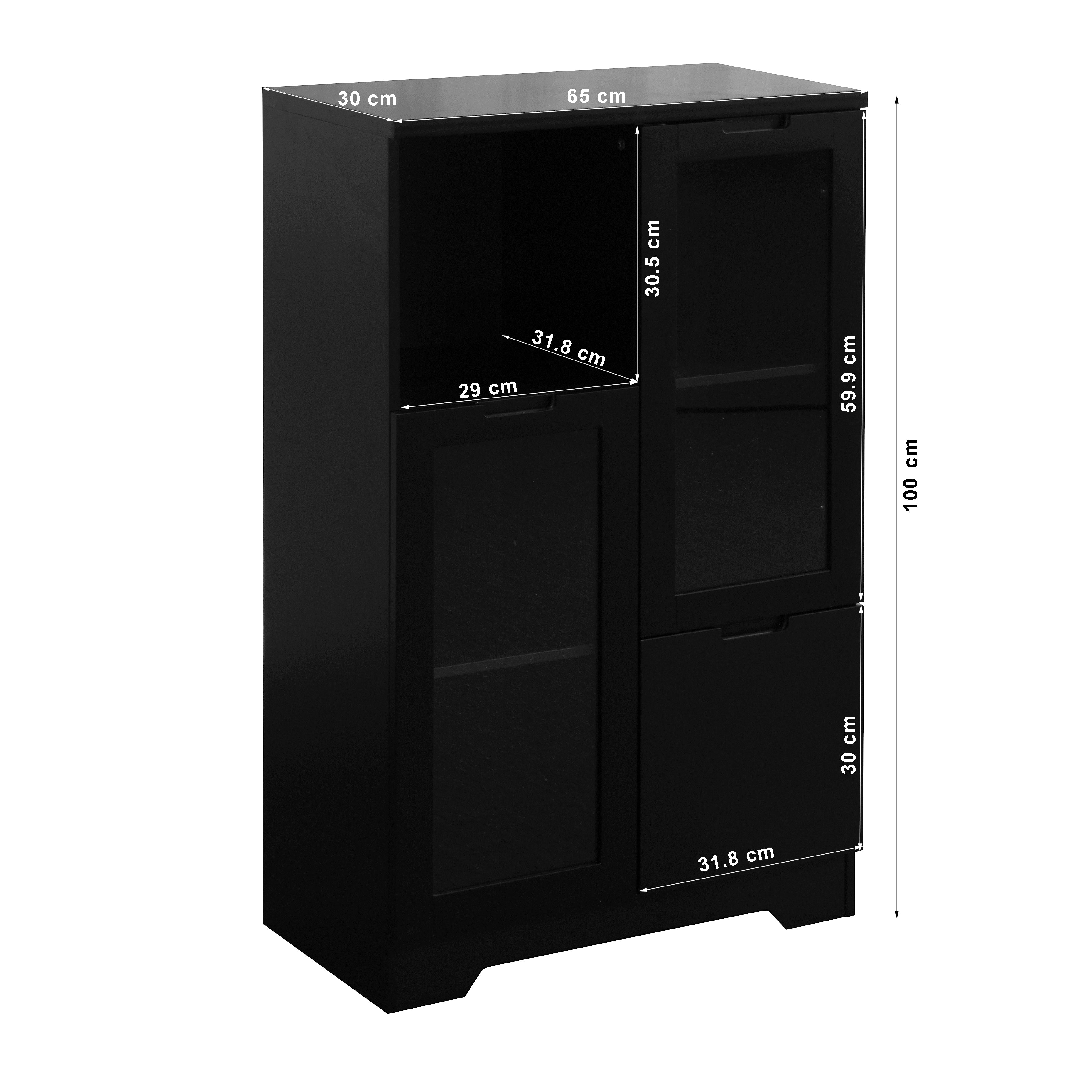 MDF Cabinet Glass Doors Drawer Open Storage - Black