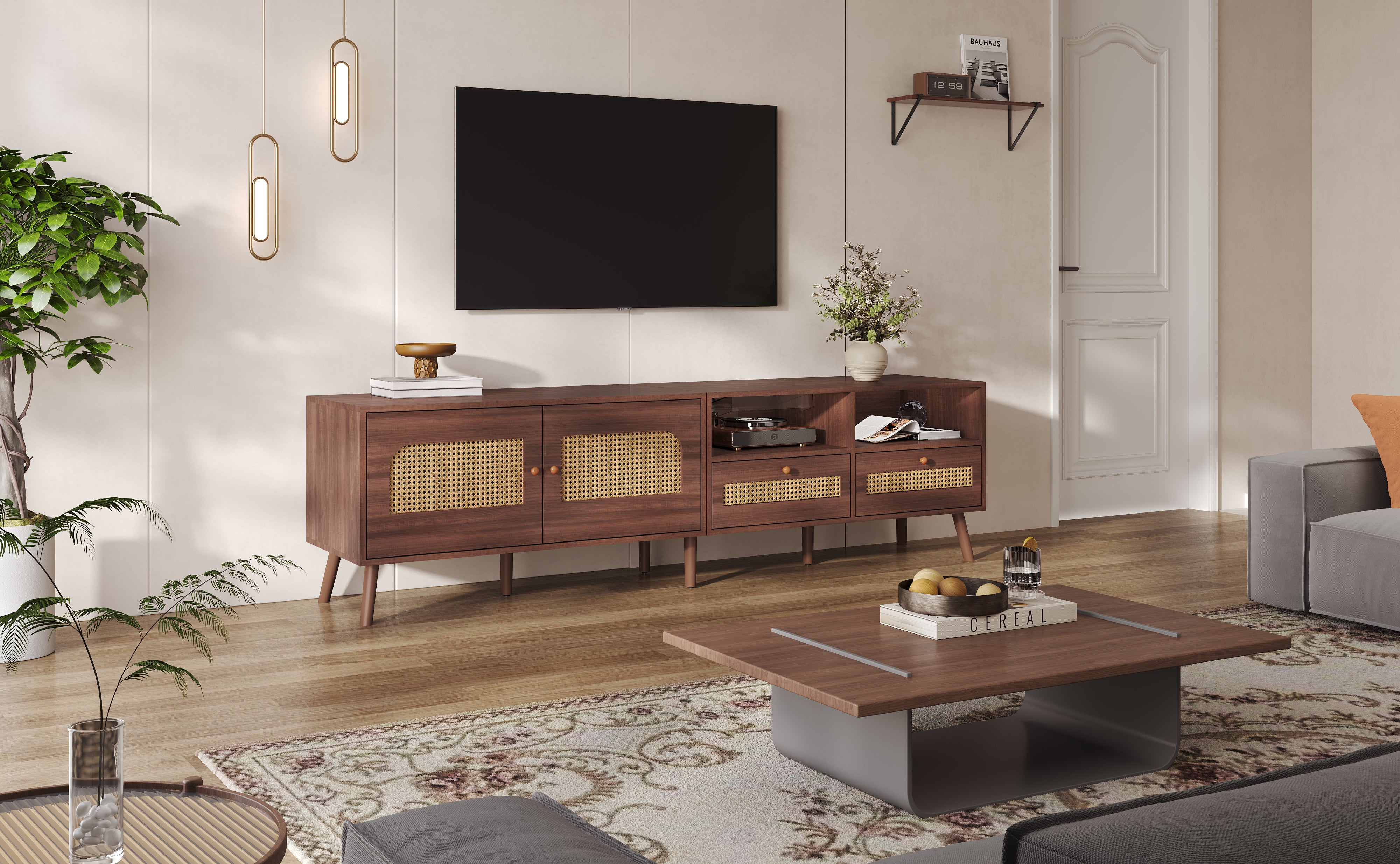TV Cabinet, 80-inch with Rattan Doors & Drawers, Brown