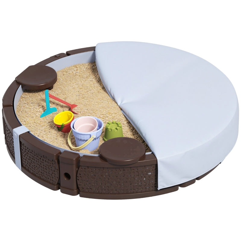 AIYAPLAY Sandpit Sandbox with 3 seats, waterproof base, weather-resistant protective cover, for 1.5-5 year old children, dark brown