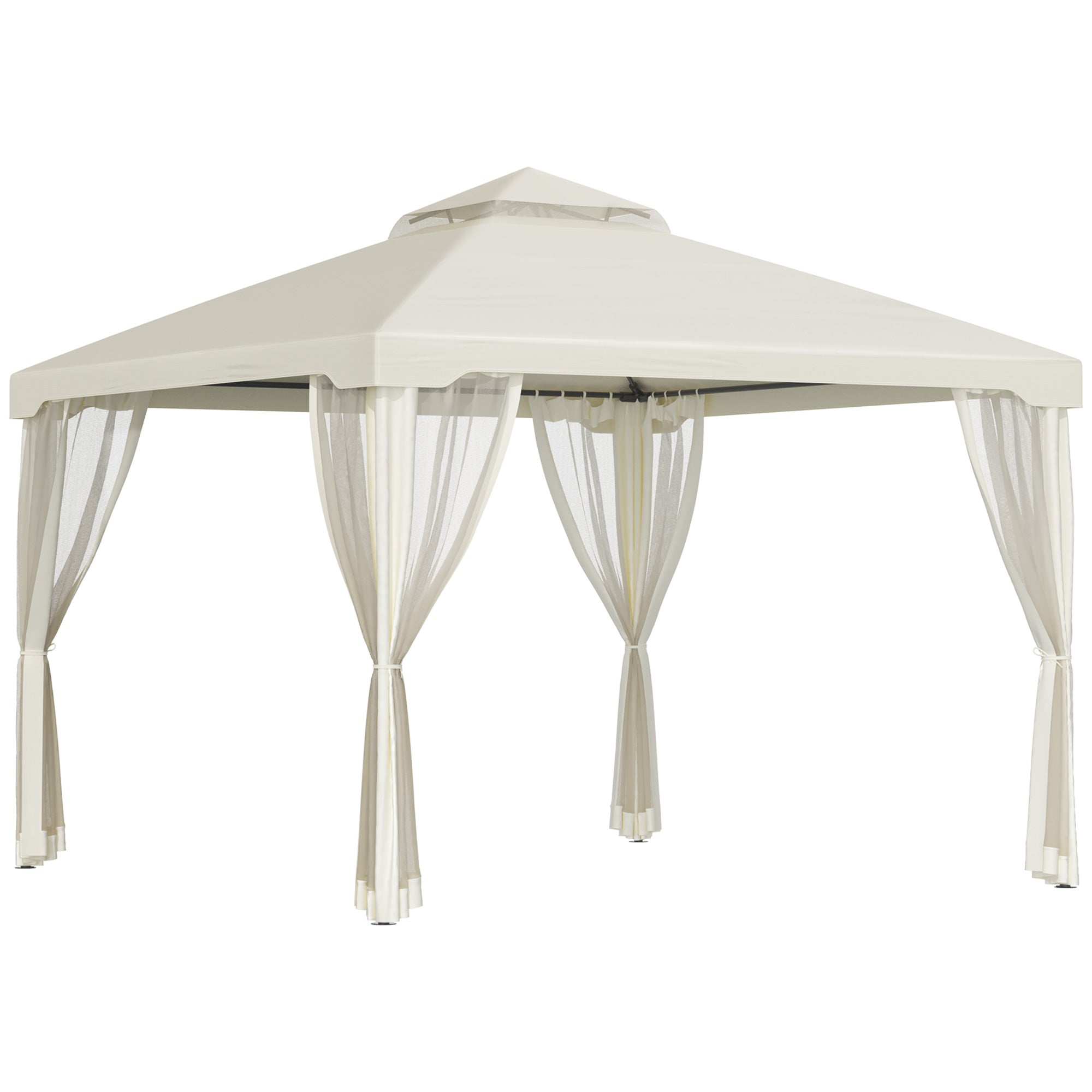3x3m Metal Gazebo Double Roof Outdoor Canopy Shelter Mesh Sidewalls, Cream White