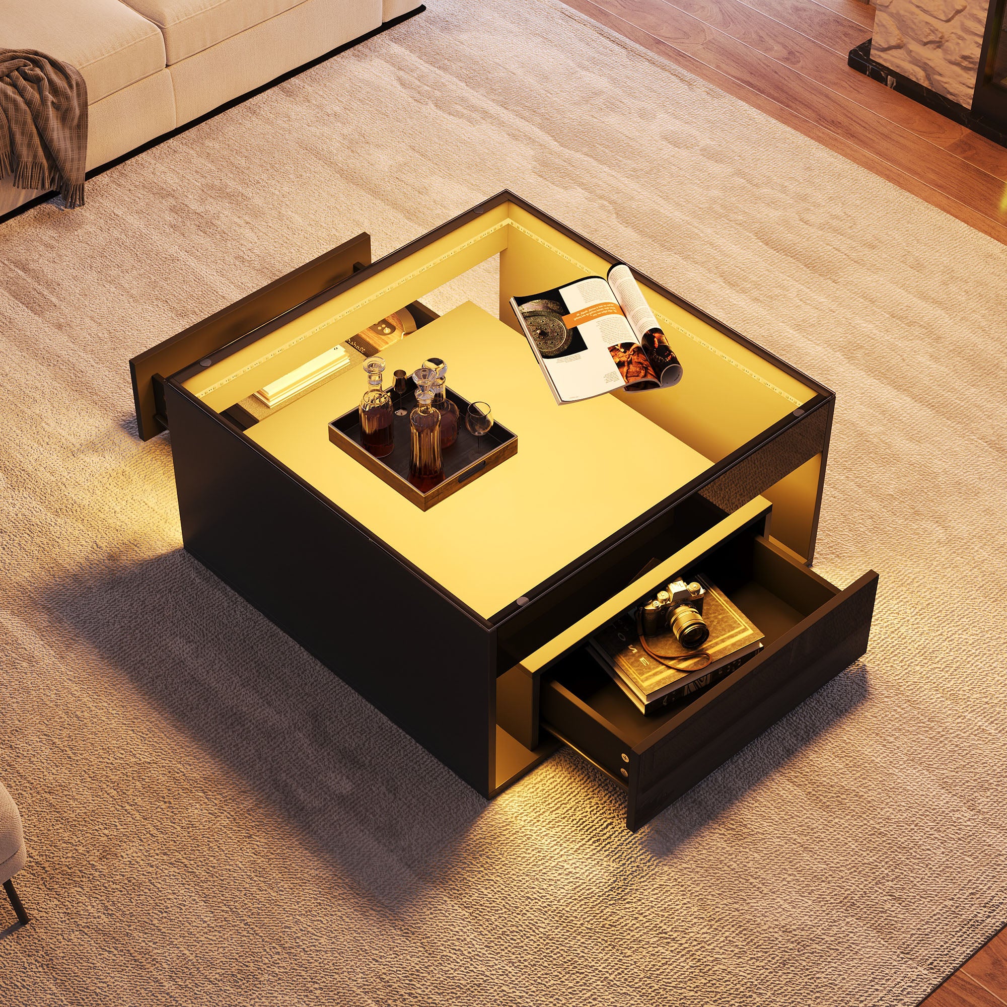 Coffee Table with 2 Drawers and LED Tempered Glass Top, High Gloss Black