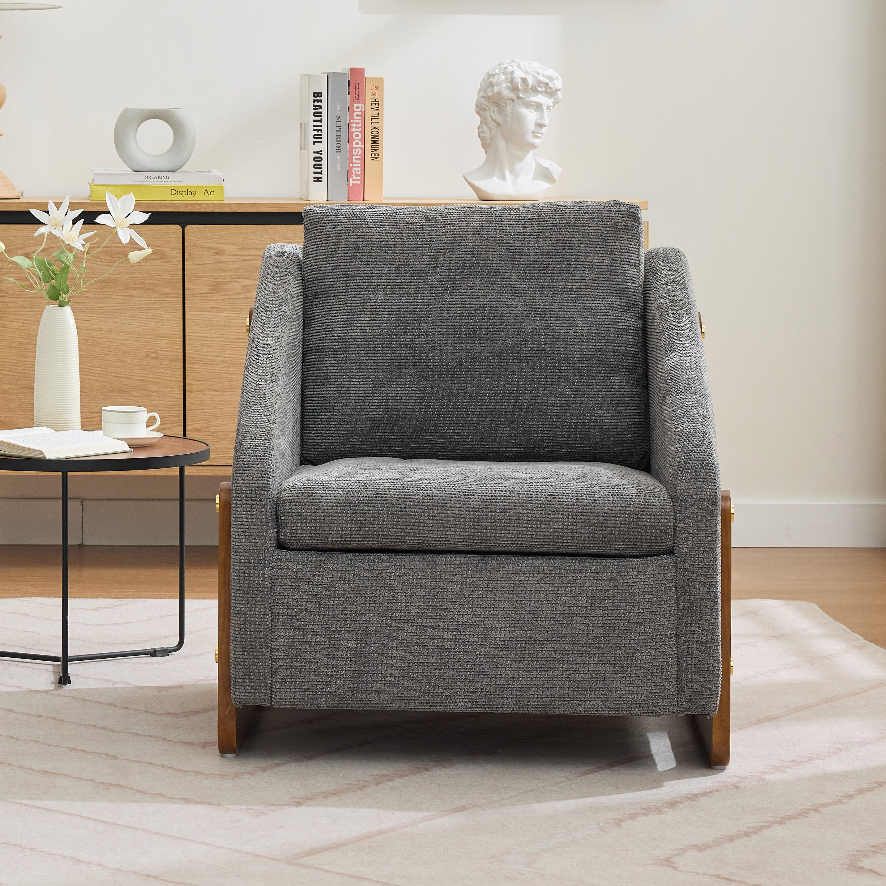 057 Armchair, Accent Lounge Chair with Wooden Armrests & Back Cushion, Grey Chenille Fabric