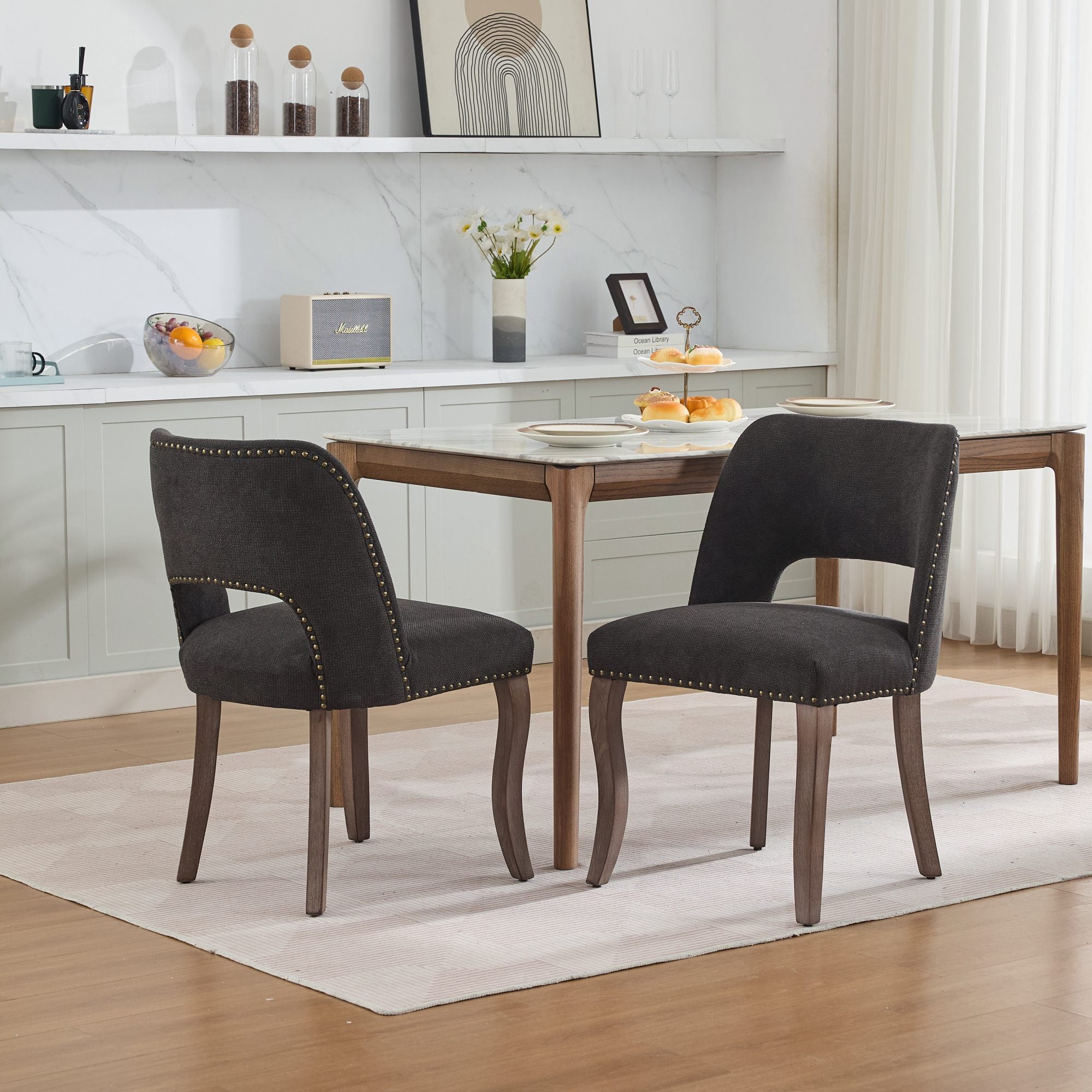 Wooden Dining Chairs Set of 2, Modern Upholstered Farmhouse Kitchen Chair, Black Fabric