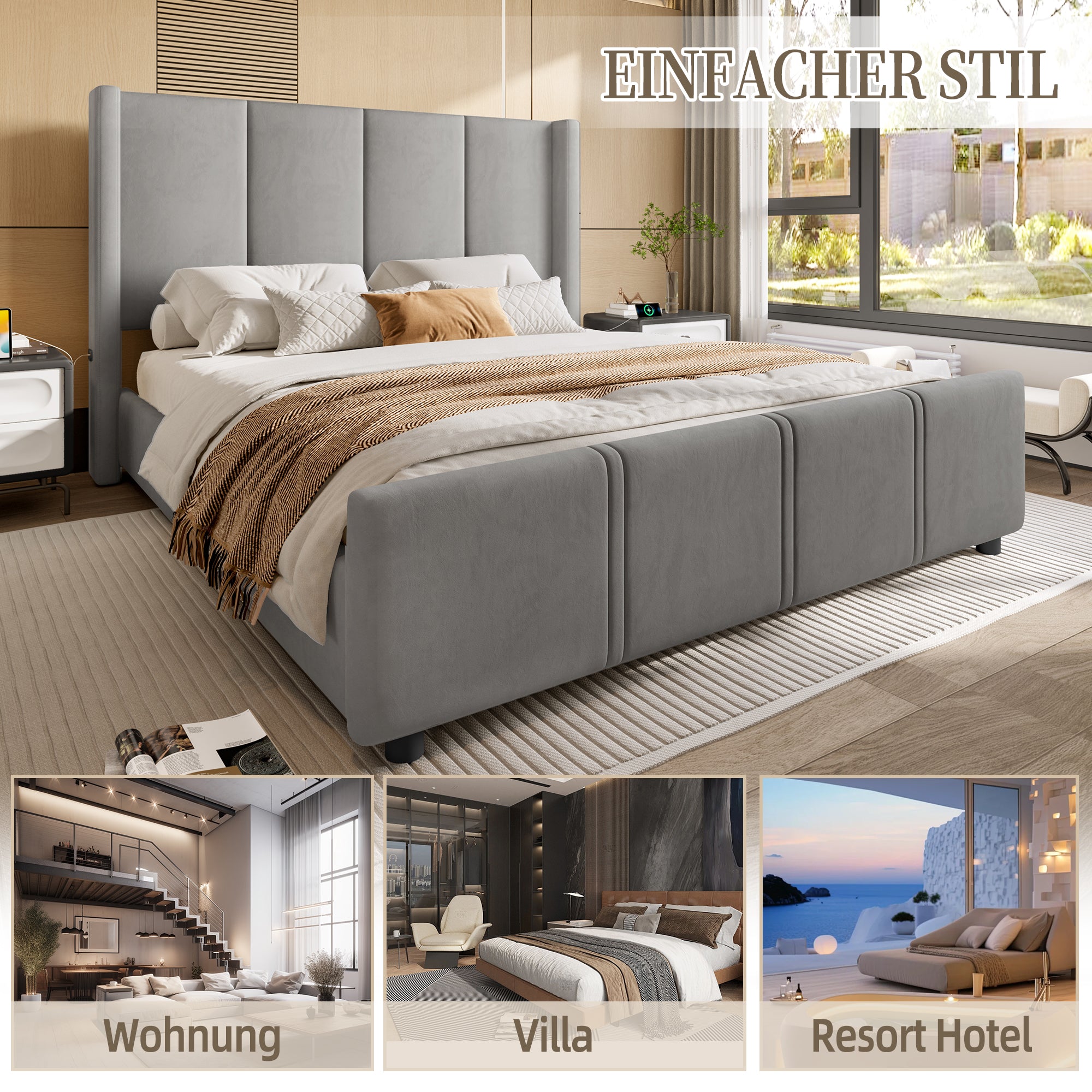 Upholstered Bed Frame, 140x190cm High Headboard & Footboard with USB Port, Grey